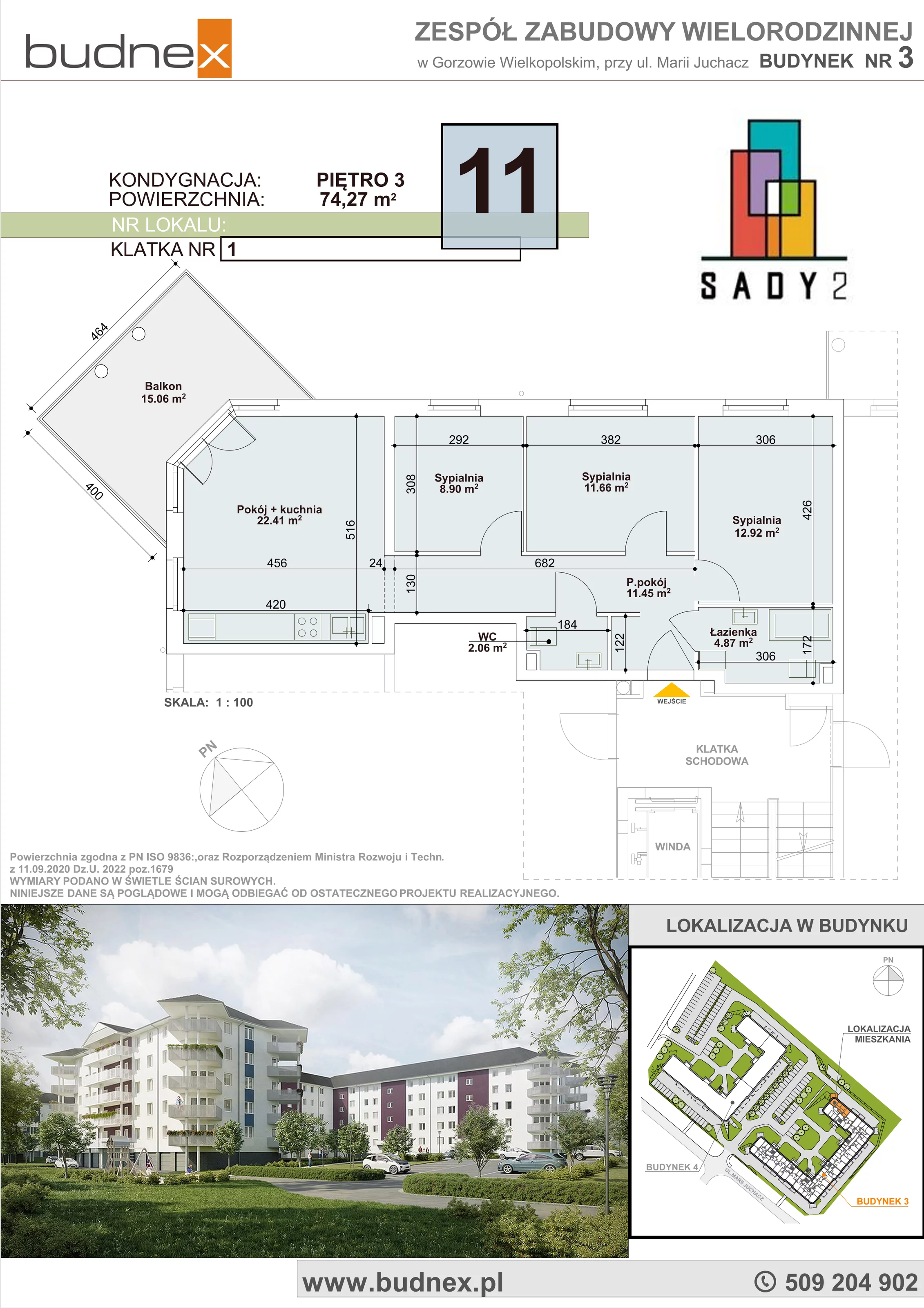 4 pokoje, mieszkanie 74,27 m², piętro 3, oferta nr 1/M11, Sady II Bud. 3, Gorzów Wielkopolski, ul. Marii Juchacz