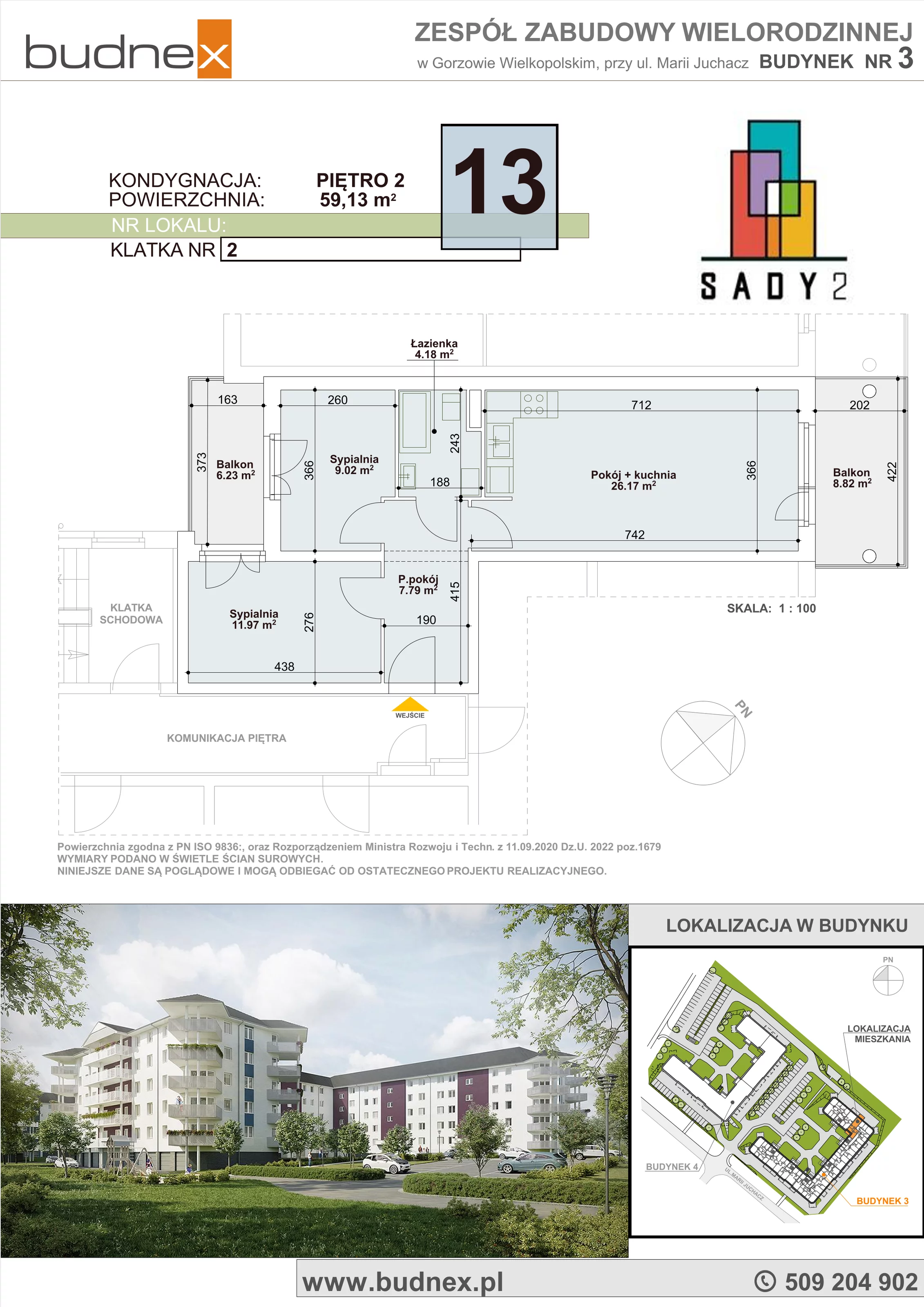 3 pokoje, mieszkanie 59,13 m², piętro 2, oferta nr 2/M13, Sady II Bud. 3, Gorzów Wielkopolski, ul. Marii Juchacz