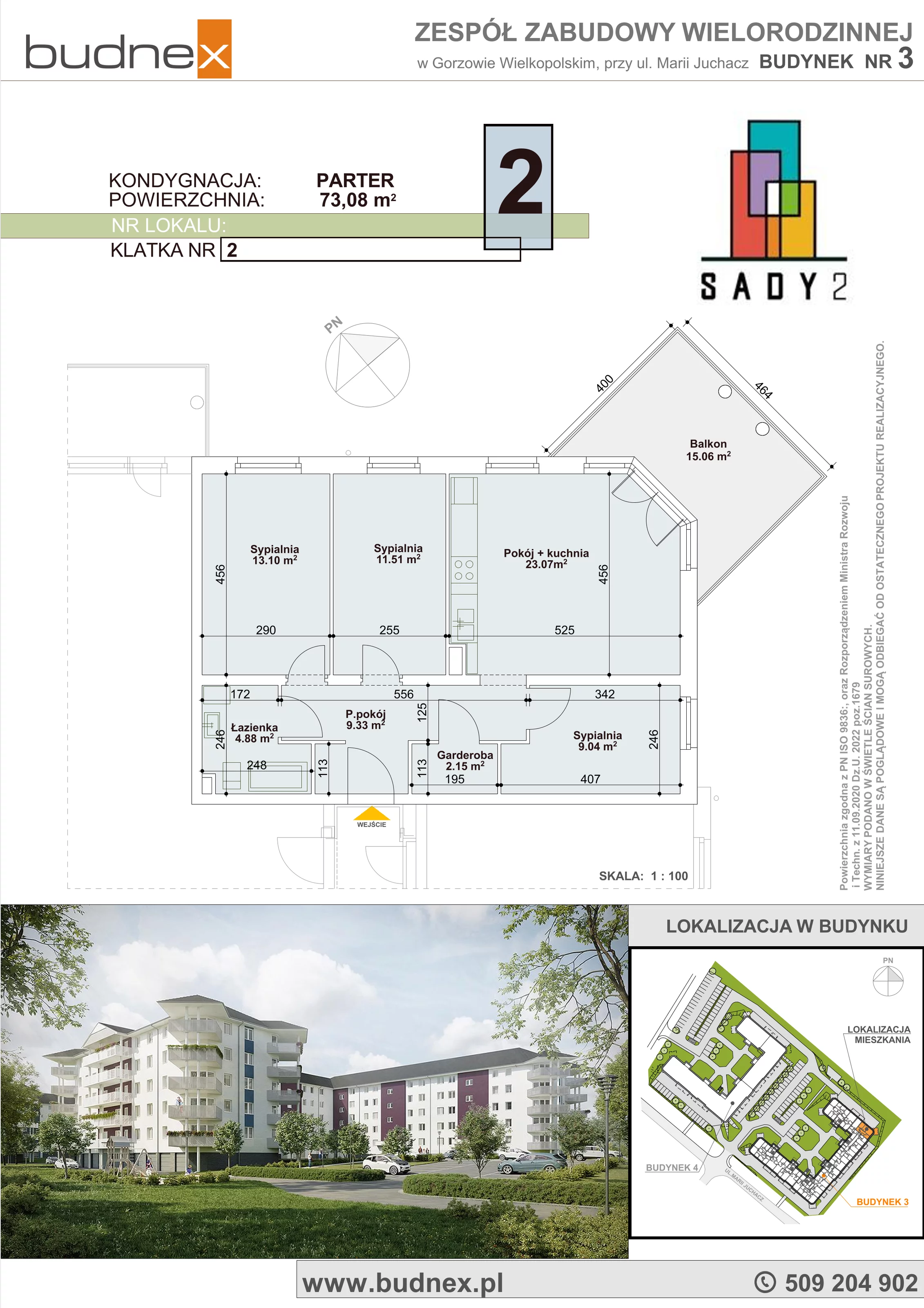 4 pokoje, mieszkanie 73,08 m², parter, oferta nr 2/M2, Sady II Bud. 3, Gorzów Wielkopolski, ul. Marii Juchacz