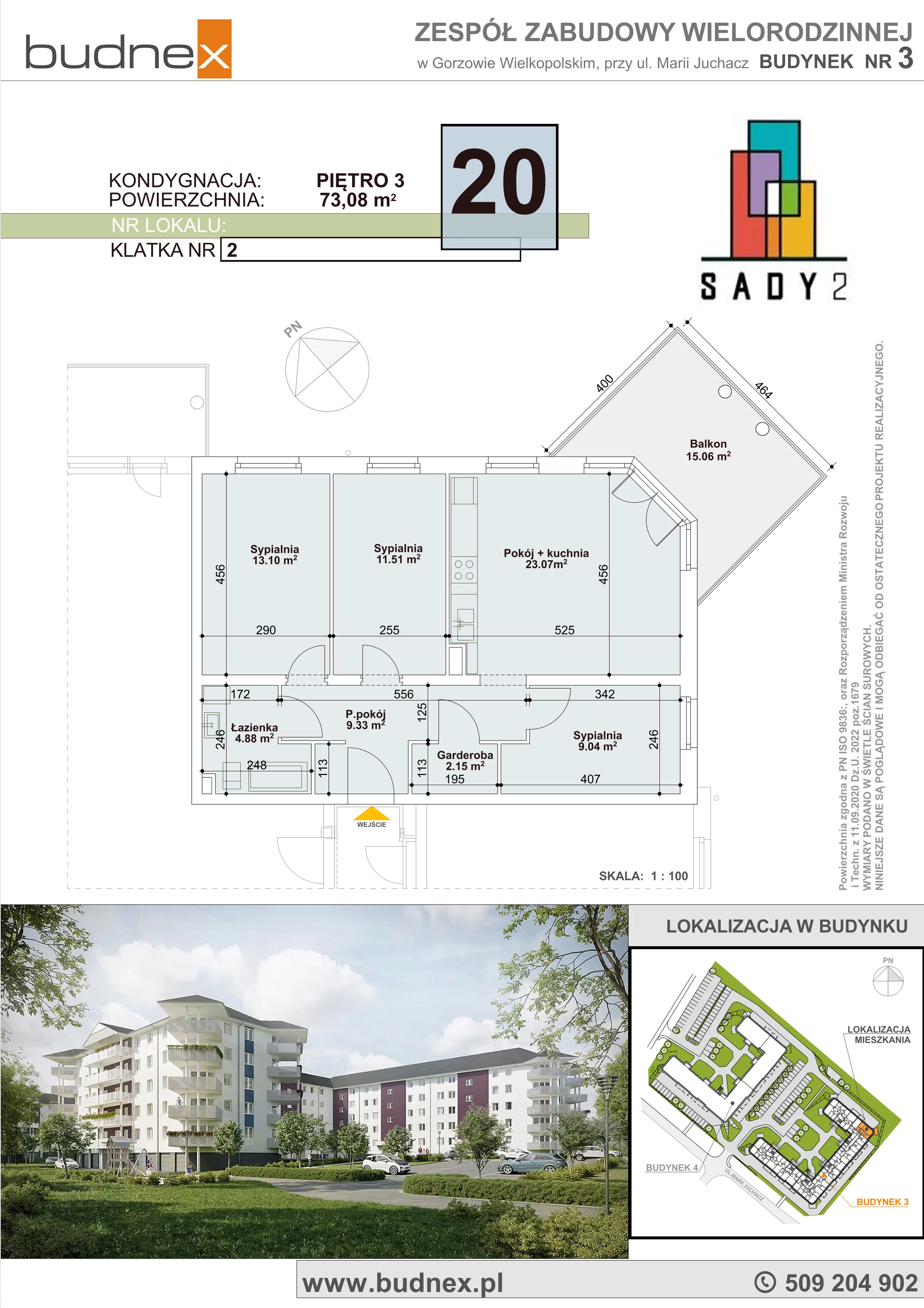 4 pokoje, mieszkanie 73,08 m², piętro 3, oferta nr 2/M20, Sady II Bud. 3, Gorzów Wielkopolski, ul. Marii Juchacz