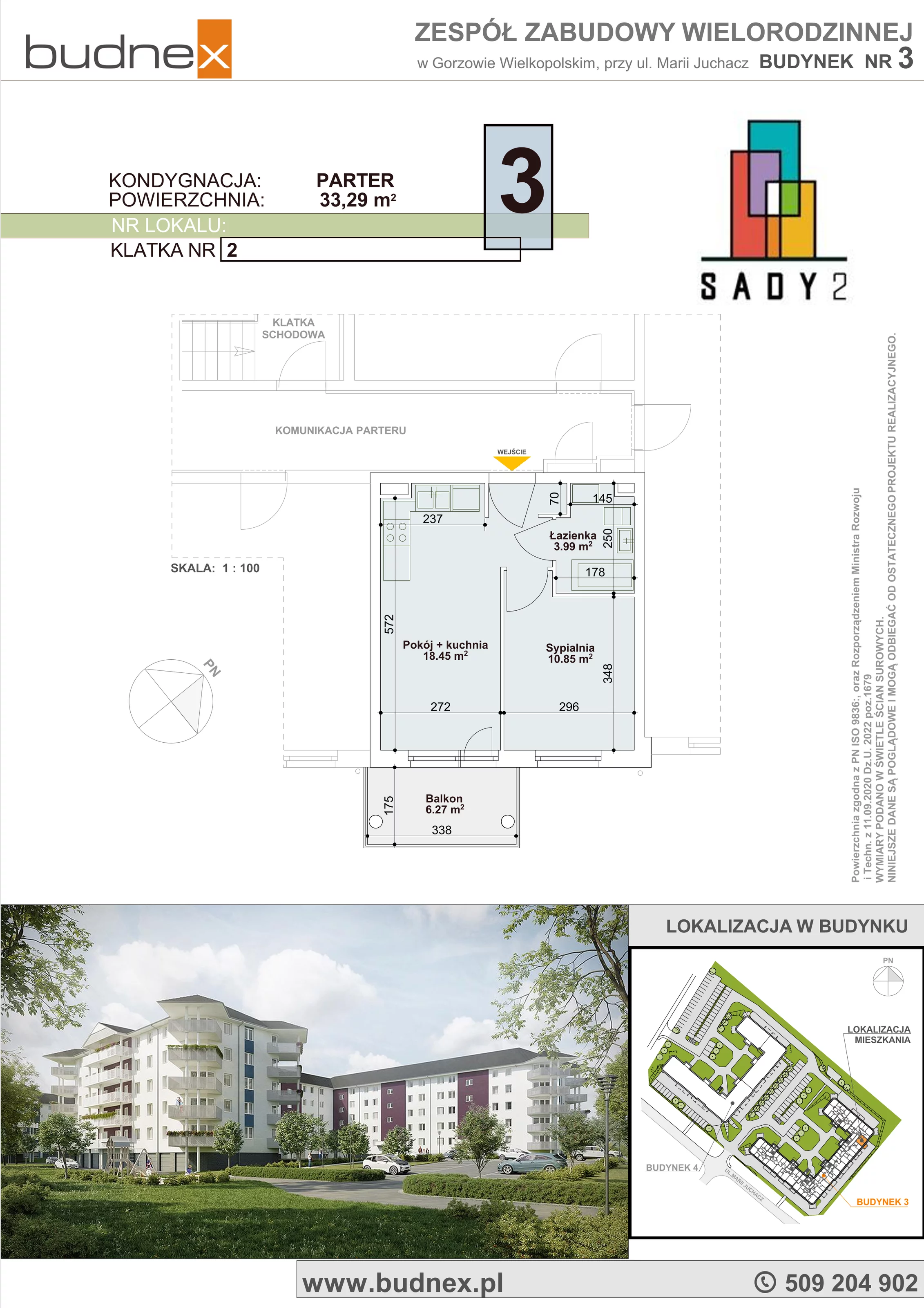 Mieszkanie 33,29 m², parter, oferta nr 2/M3, Sady II Bud. 3, Gorzów Wielkopolski, ul. Marii Juchacz