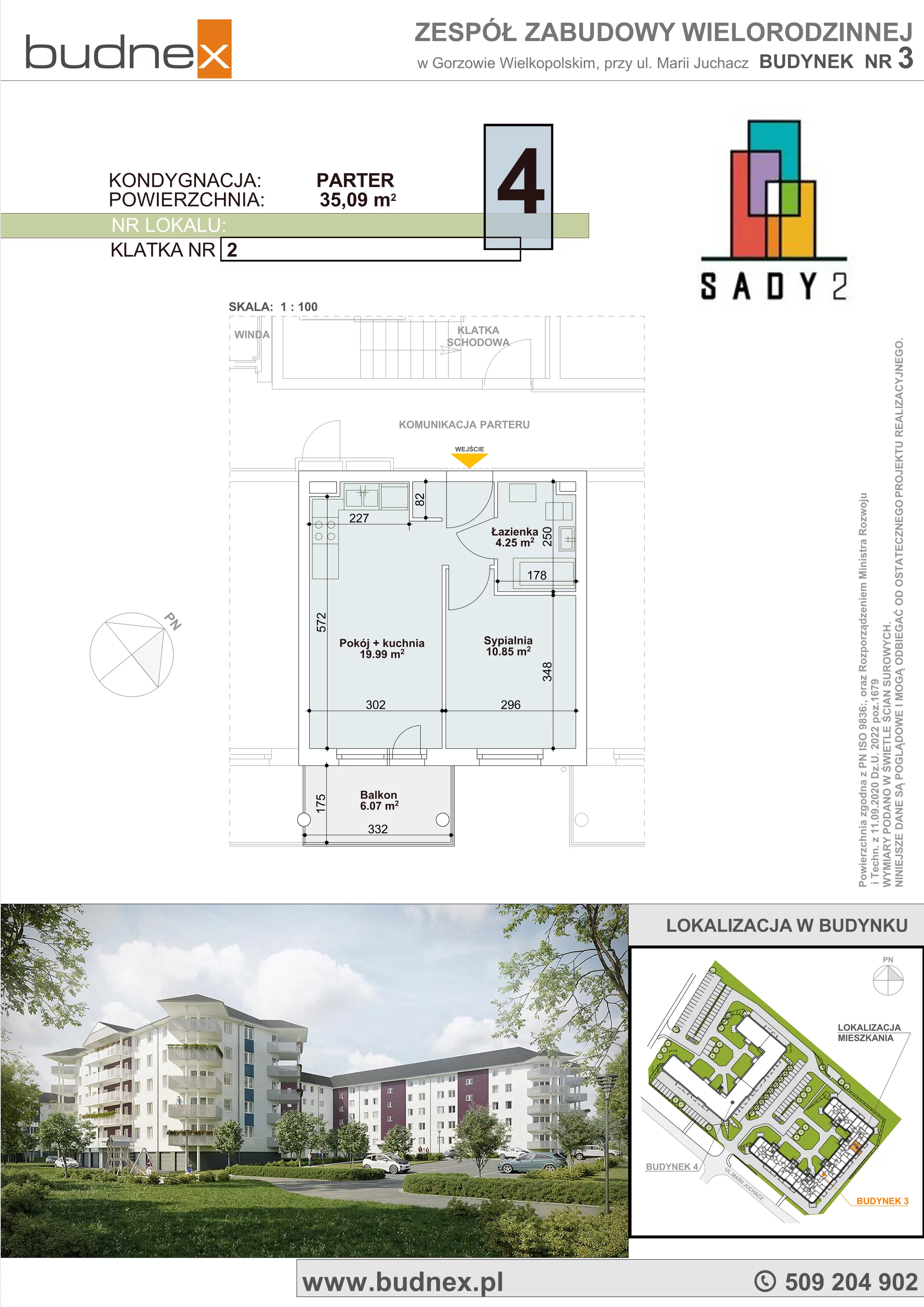 Mieszkanie 35,09 m², parter, oferta nr 2/M4, Sady II Bud. 3, Gorzów Wielkopolski, ul. Marii Juchacz