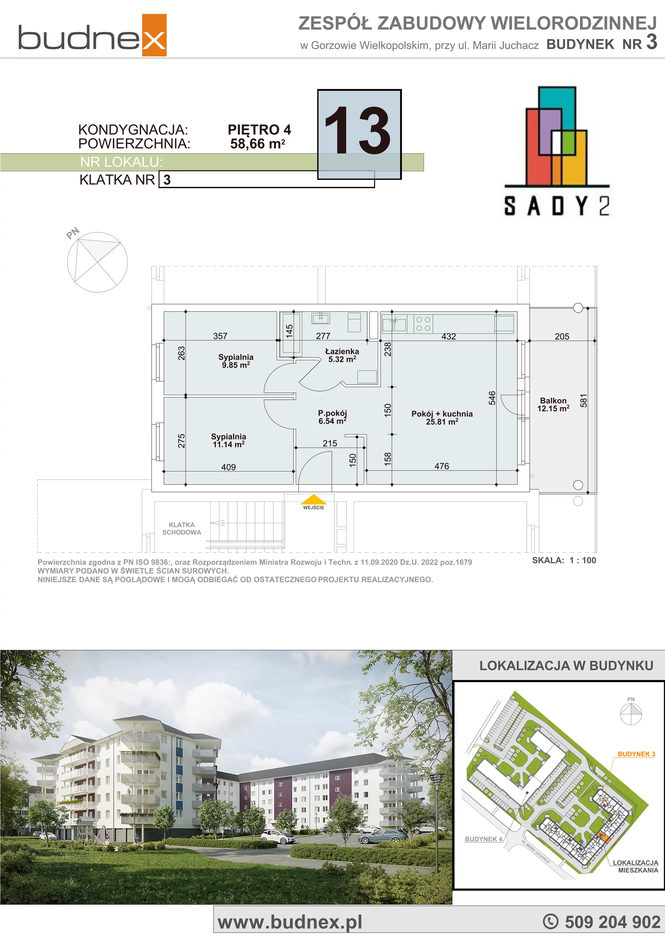 3 pokoje, mieszkanie 58,66 m², piętro 4, oferta nr 3/M13, Sady II Bud. 3, Gorzów Wielkopolski, ul. Marii Juchacz
