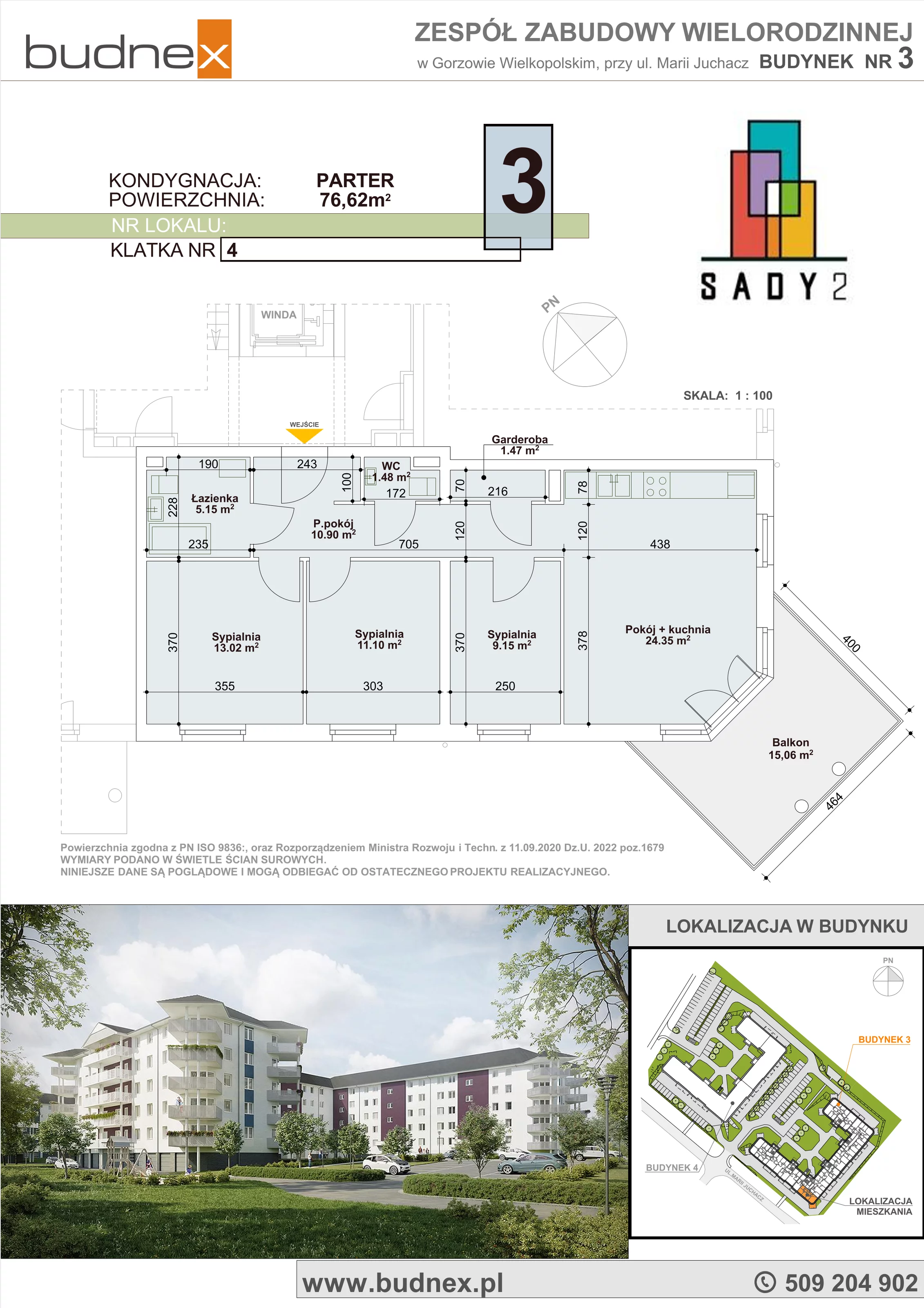 4 pokoje, mieszkanie 76,62 m², parter, oferta nr 4/M3, Sady II Bud. 3, Gorzów Wielkopolski, ul. Marii Juchacz