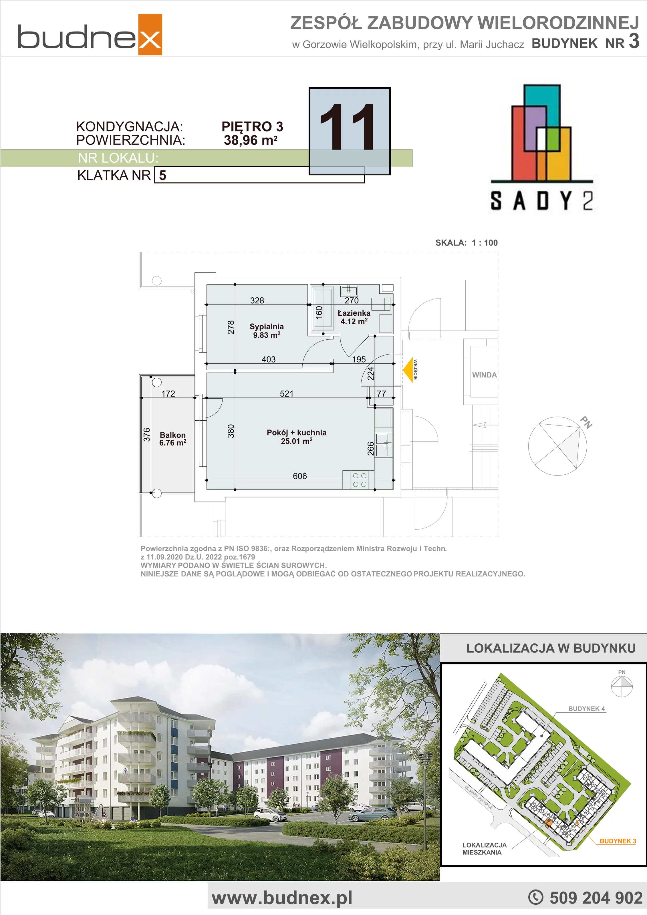 Mieszkanie 38,96 m², piętro 3, oferta nr 5/M11, Sady II Bud. 3, Gorzów Wielkopolski, ul. Marii Juchacz