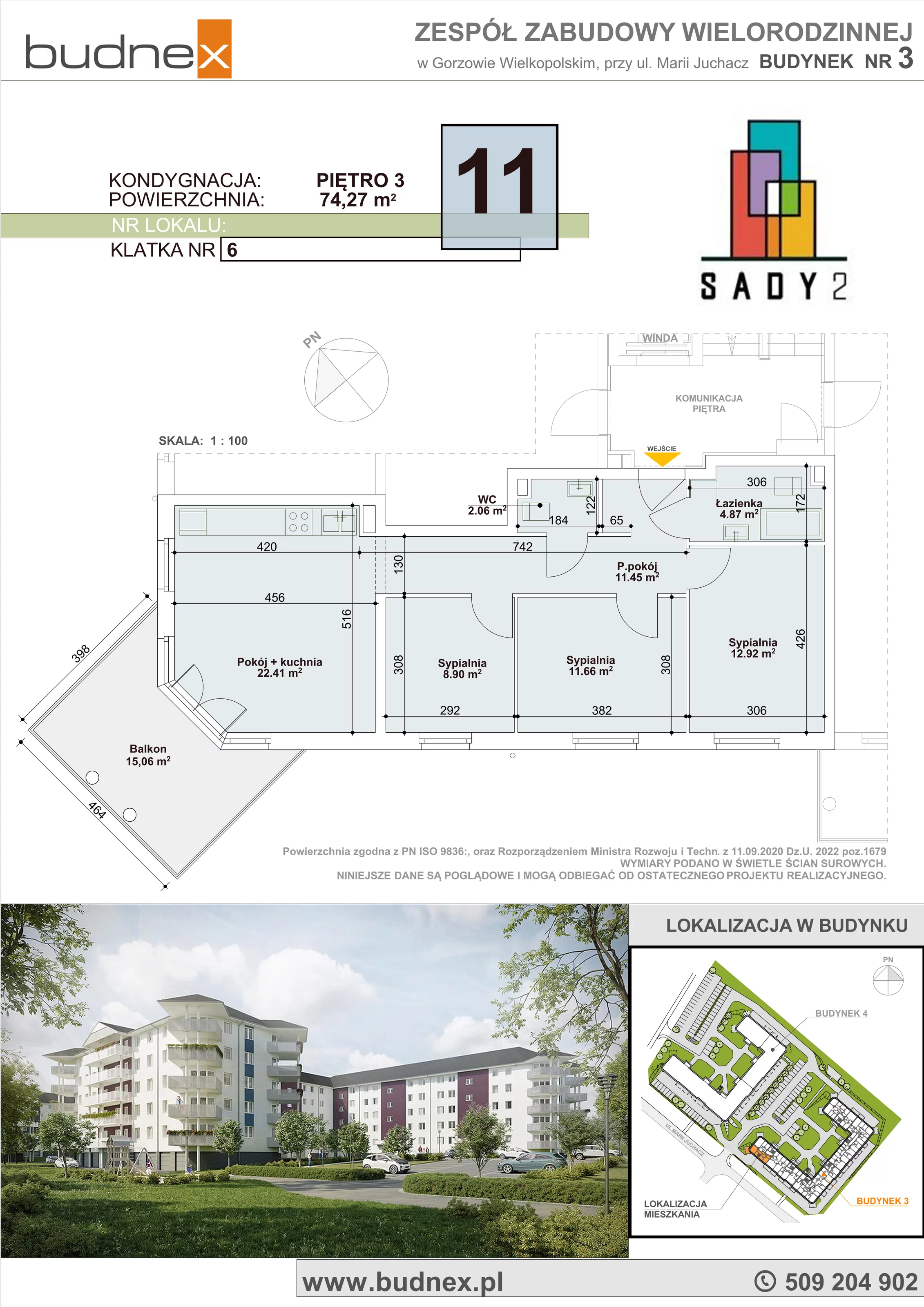 4 pokoje, mieszkanie 74,27 m², piętro 3, oferta nr 6/M11, Sady II Bud. 3, Gorzów Wielkopolski, ul. Marii Juchacz