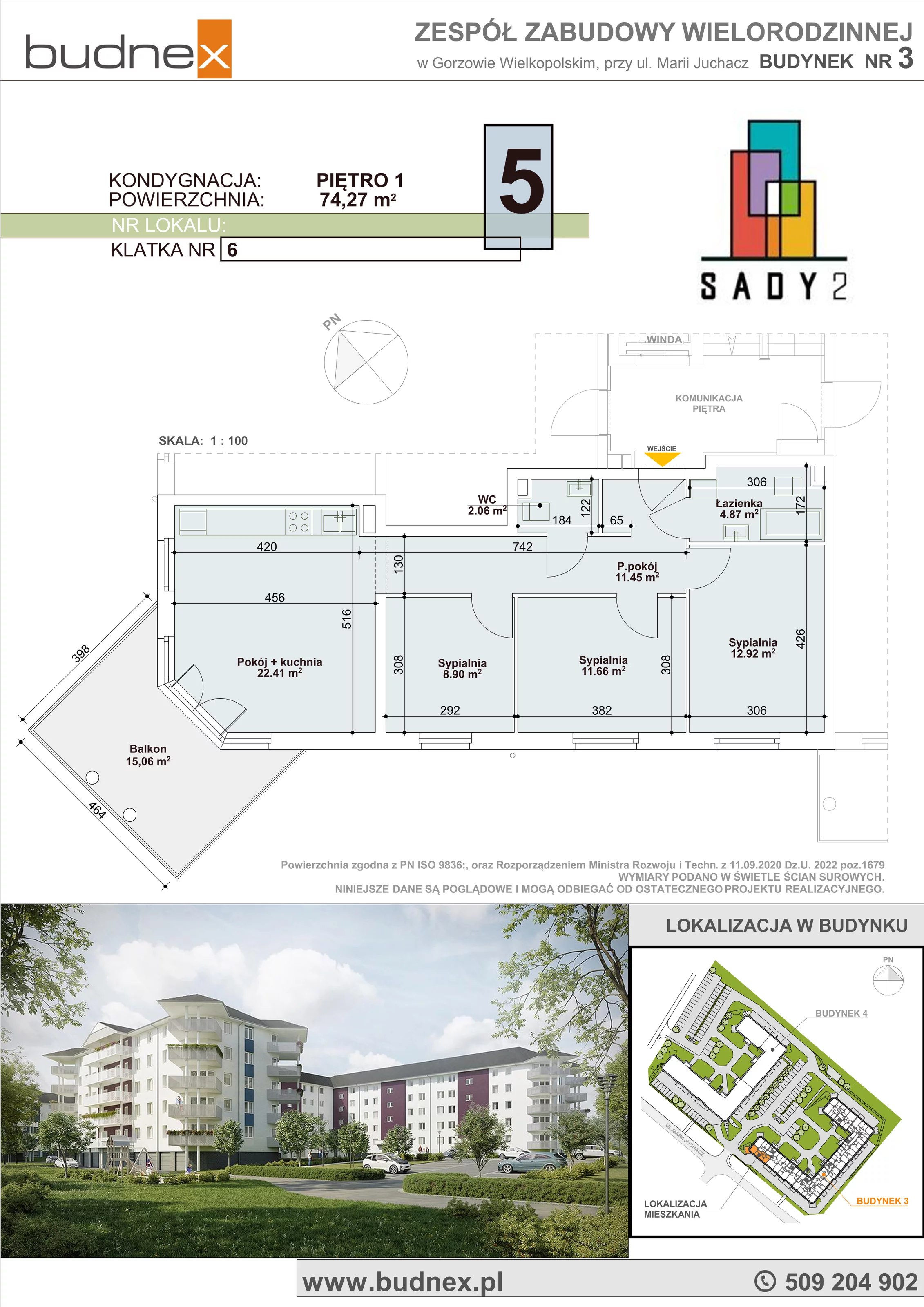 4 pokoje, mieszkanie 74,27 m², piętro 1, oferta nr 6/M5, Sady II Bud. 3, Gorzów Wielkopolski, ul. Marii Juchacz