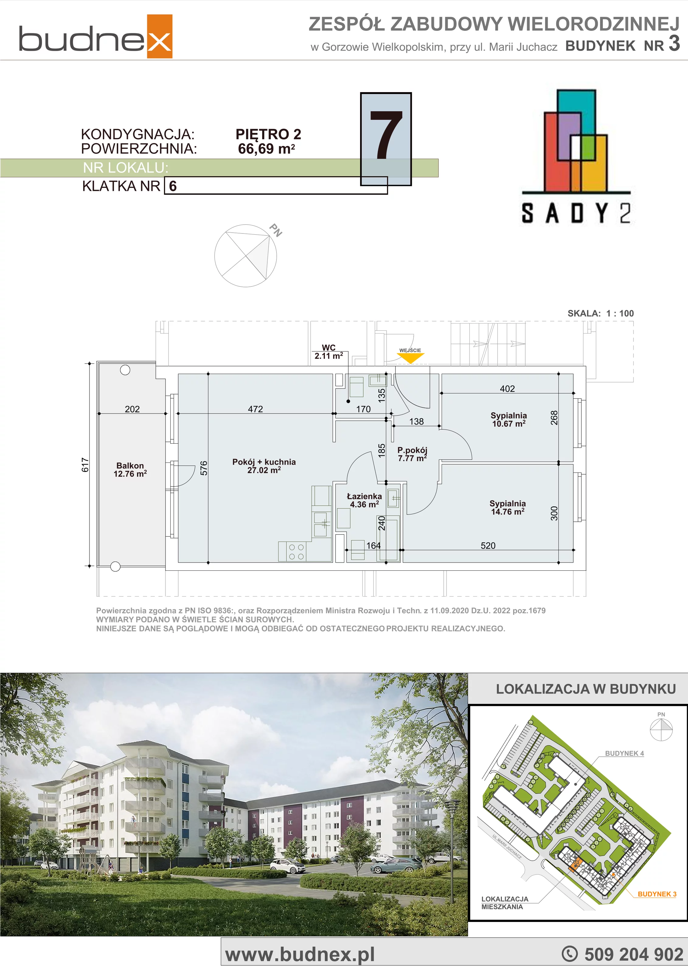 3 pokoje, mieszkanie 66,69 m², piętro 2, oferta nr 6/M7, Sady II Bud. 3, Gorzów Wielkopolski, ul. Marii Juchacz