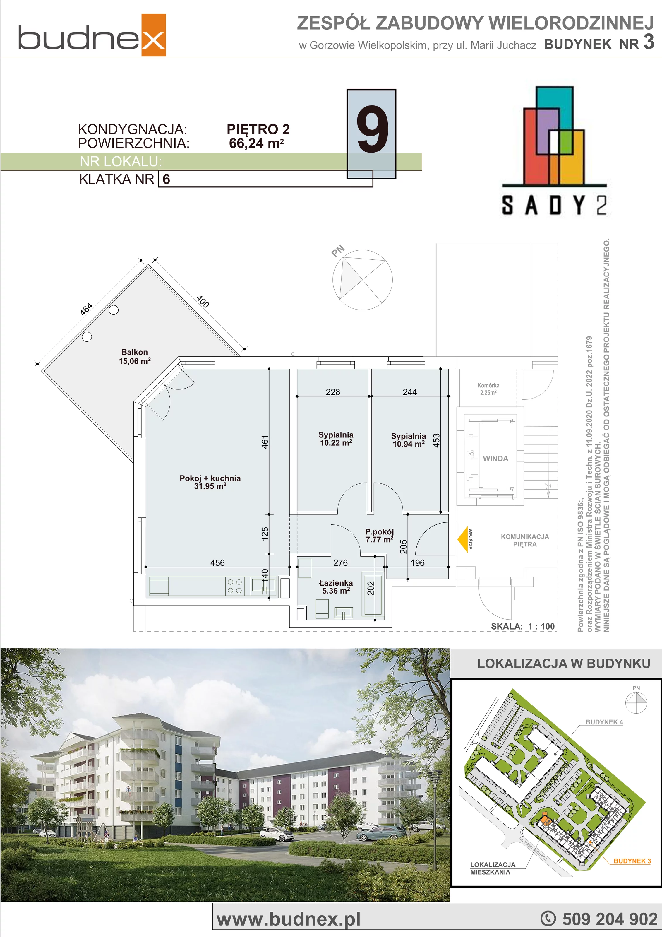 3 pokoje, mieszkanie 66,24 m², piętro 2, oferta nr 6/M9, Sady II Bud. 3, Gorzów Wielkopolski, ul. Marii Juchacz