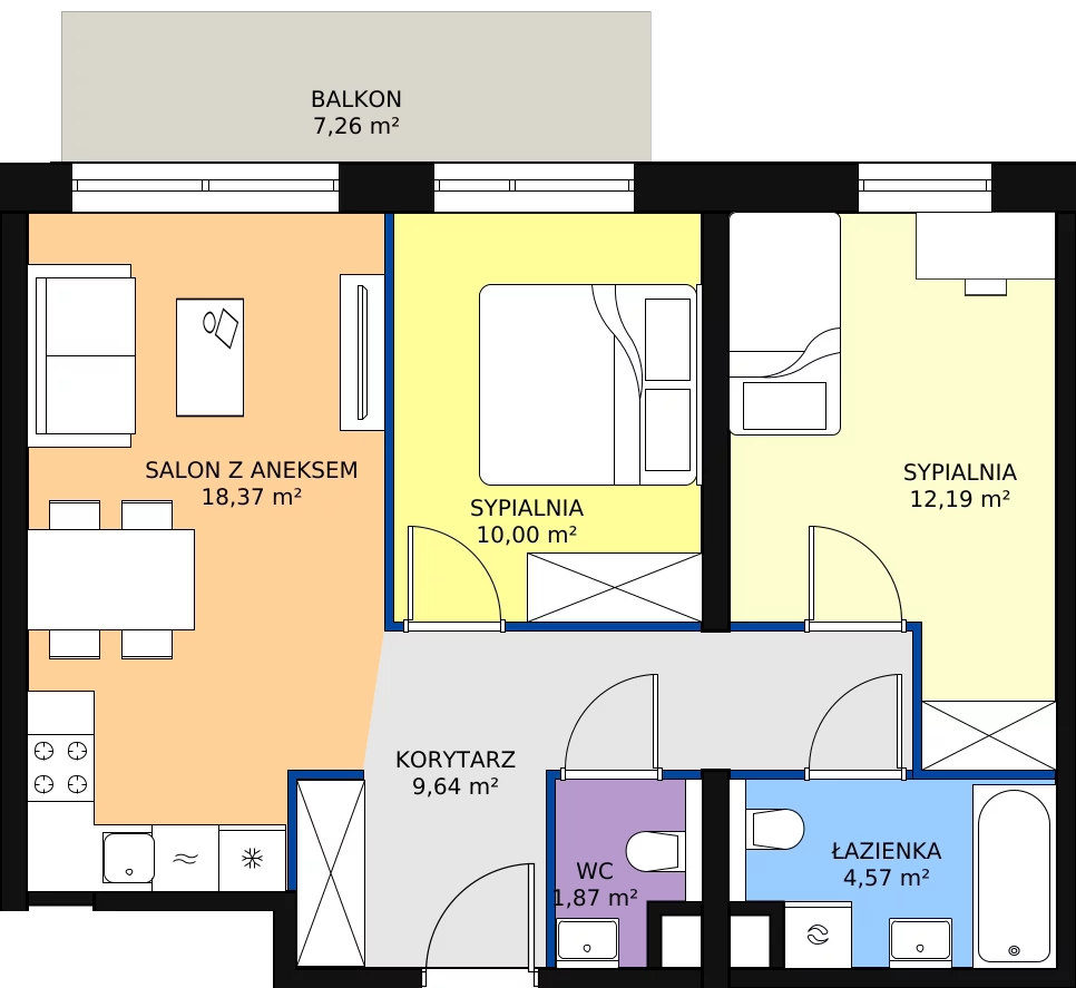 Zalety apartamentu 56.64 m², A1.7.1