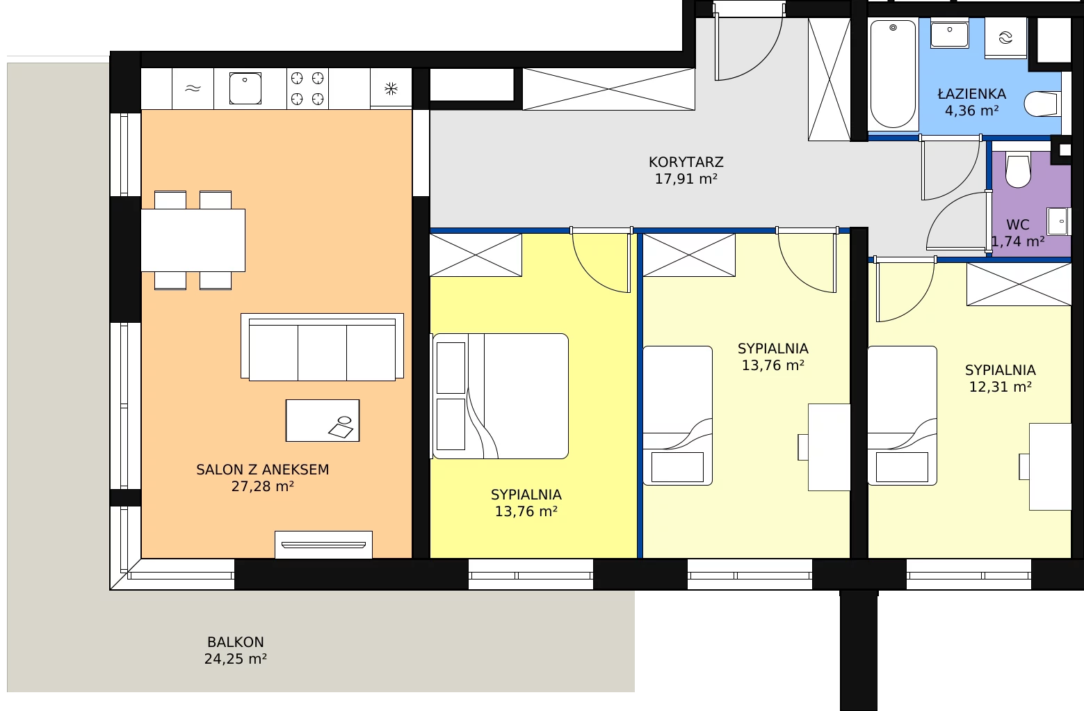 4 pokoje, apartament 91,12 m², piętro 3, oferta nr A3.5.3, Sedina Apartamenty - Etap I, Szczecin, Śródmieście, Międzyodrze-Wyspa Pucka, ul. Maklerska