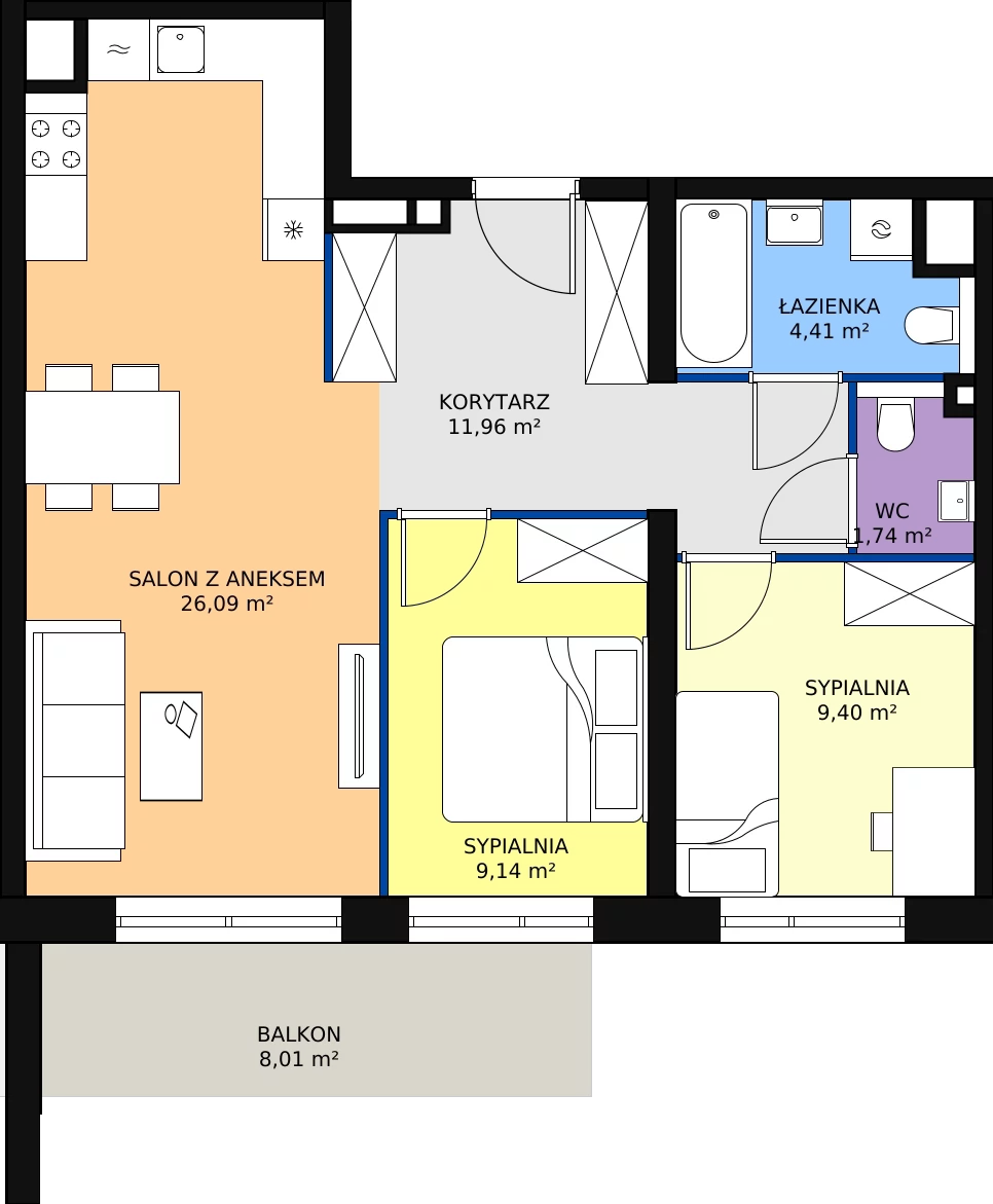 3 pokoje, apartament 62,74 m², piętro 6, oferta nr A1.8.4, Sedina Apartamenty - Etap I, Szczecin, Śródmieście, Międzyodrze-Wyspa Pucka, ul. Maklerska