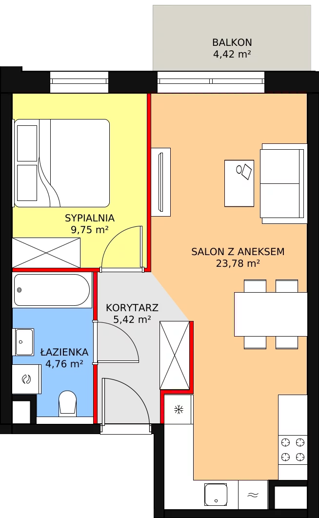 2 pokoje, mieszkanie 43,70 m², piętro 1, oferta nr B1.3.1, Sedina Apartamenty - Etap I, Szczecin, Śródmieście, Międzyodrze-Wyspa Pucka, ul. Maklerska