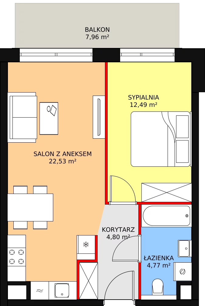 2 pokoje, mieszkanie 44,59 m², piętro 2, oferta nr B1.4.4, Sedina Apartamenty - Etap I, Szczecin, Śródmieście, Międzyodrze-Wyspa Pucka, ul. Maklerska