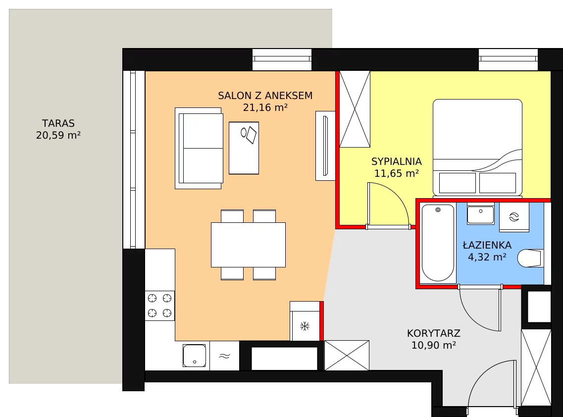 2 pokoje, apartament 48,03 m², piętro 6, oferta nr B1.8.3, Sedina Apartamenty - Etap I, Szczecin, Śródmieście, Międzyodrze-Wyspa Pucka, ul. Maklerska