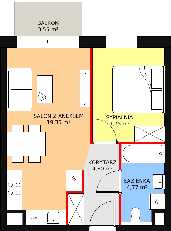 Mieszkanie 38,67 m², piętro 7, oferta nr B1.9.4, Sedina Apartamenty - Etap I, Szczecin, Śródmieście, Międzyodrze-Wyspa Pucka, ul. Maklerska