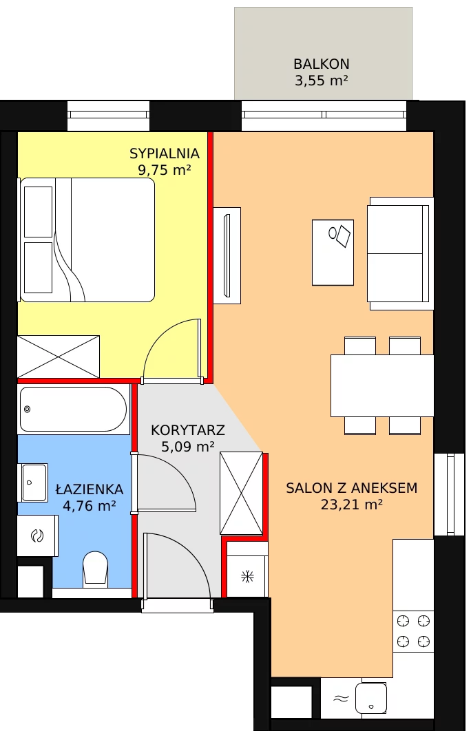 2 pokoje, apartament 42,81 m², piętro 2, oferta nr B3.4.2, Sedina Apartamenty - Etap I, Szczecin, Śródmieście, Międzyodrze-Wyspa Pucka, ul. Maklerska