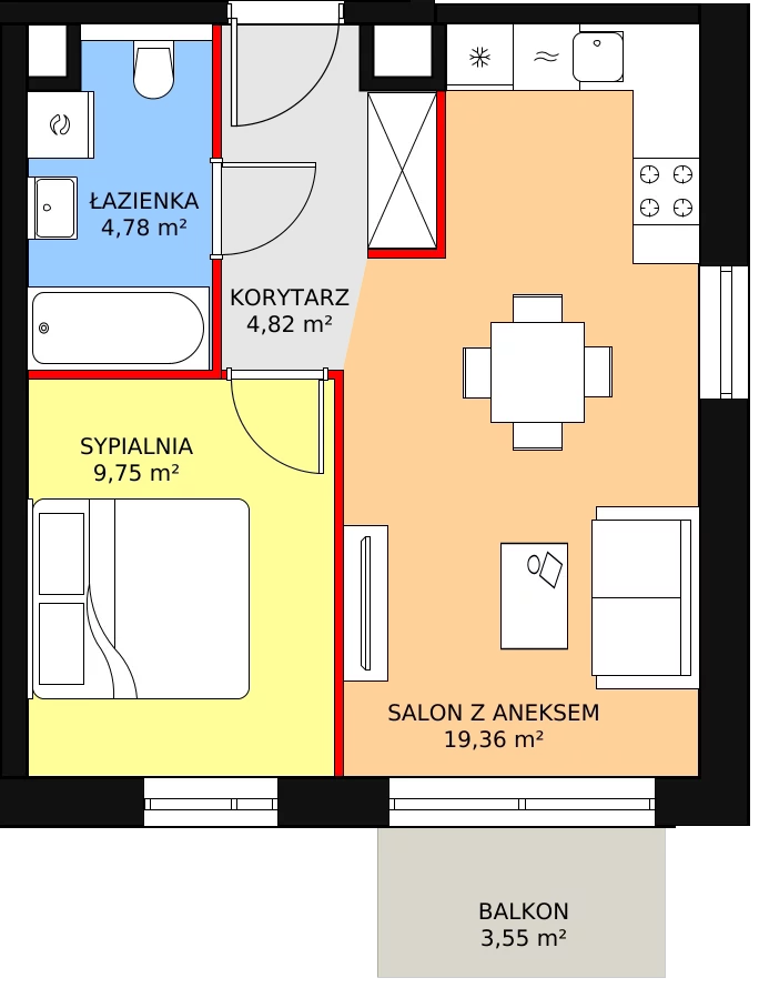 2 pokoje, mieszkanie 38,71 m², piętro 6, oferta nr B3.8.3, Sedina Apartamenty - Etap I, Szczecin, Śródmieście, Międzyodrze-Wyspa Pucka, ul. Maklerska