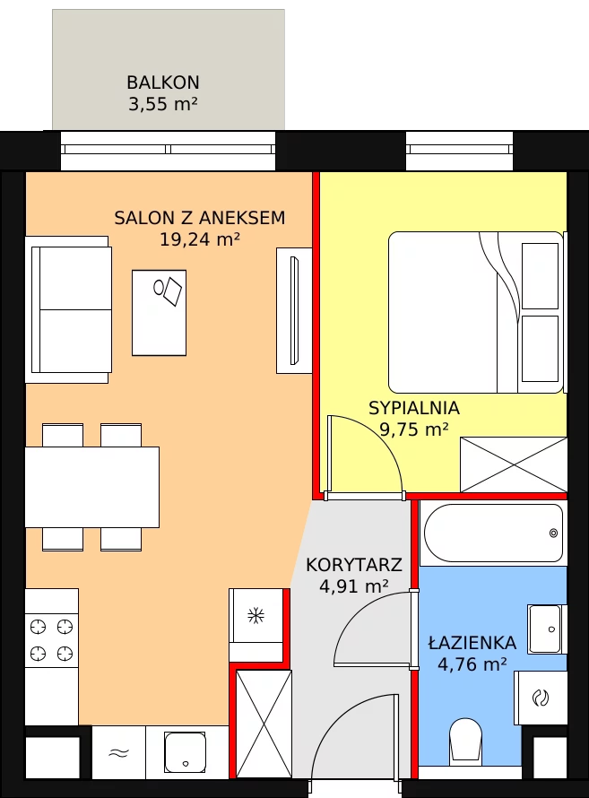 Mieszkanie 38,66 m², piętro 7, oferta nr B3.9.1, Sedina Apartamenty - Etap I, Szczecin, Śródmieście, Międzyodrze-Wyspa Pucka, ul. Maklerska