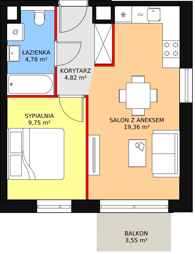 Mieszkanie 38,71 m², piętro 7, oferta nr B3.9.3, Sedina Apartamenty - Etap I, Szczecin, Śródmieście, Międzyodrze-Wyspa Pucka, ul. Maklerska