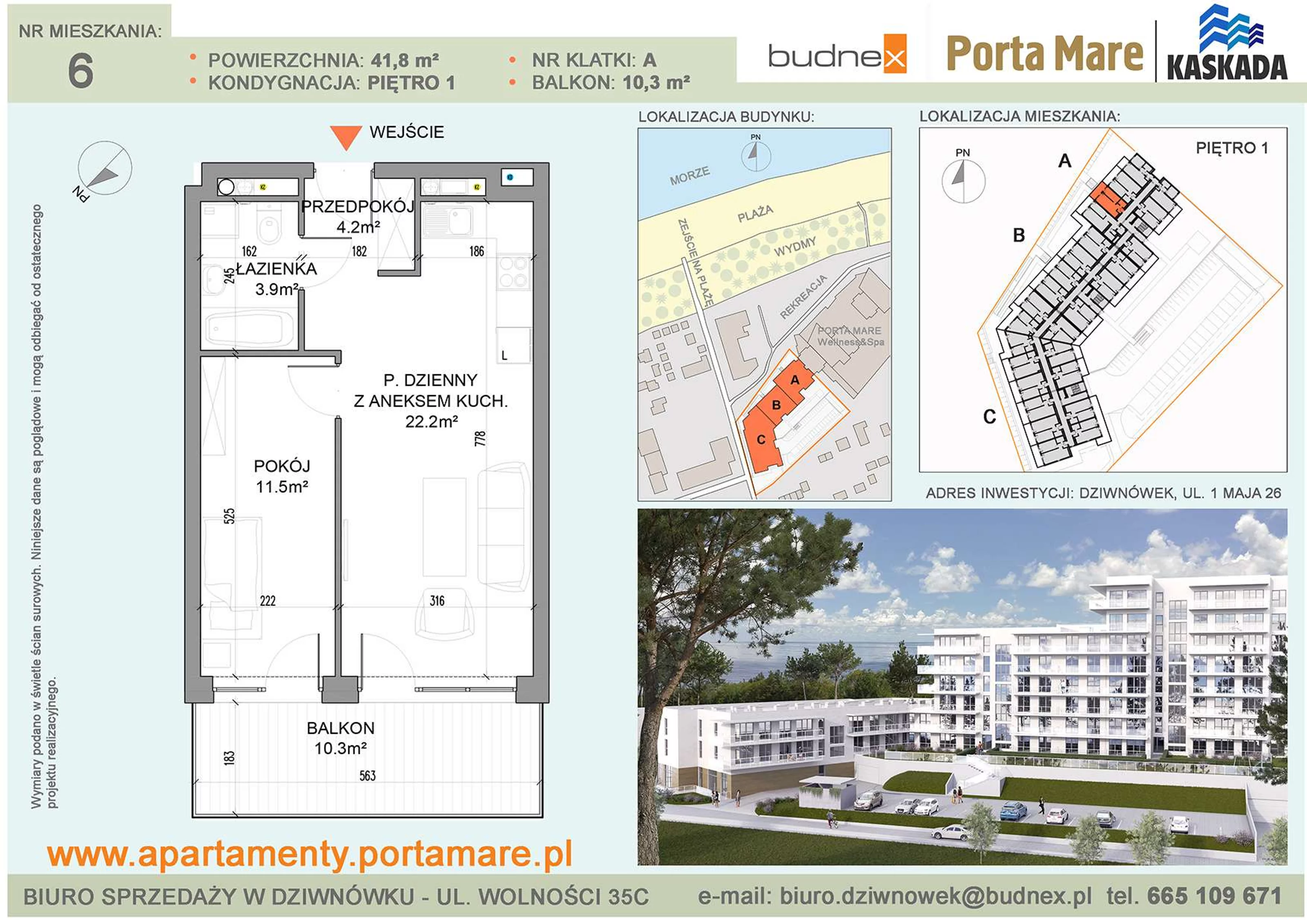 Mieszkanie 41,80 m², piętro 1, oferta nr A/M06, Porta Mare Kaskada, Dziwnówek, ul. 1 Maja 26