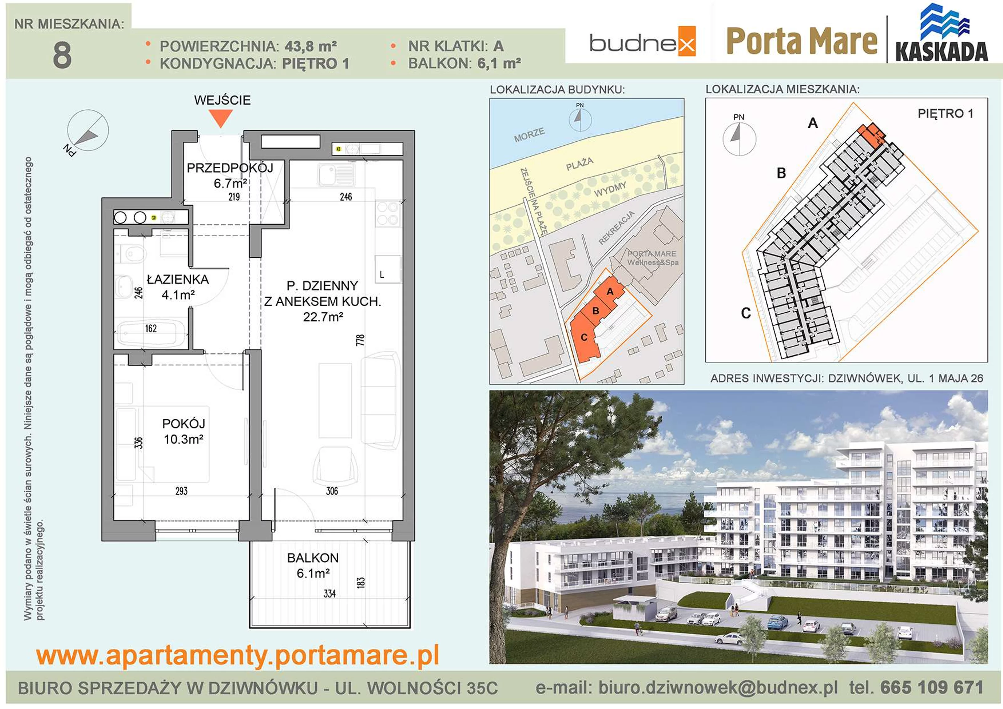 Mieszkanie 43,80 m², piętro 1, oferta nr A/M08, Porta Mare Kaskada, Dziwnówek, ul. 1 Maja 26