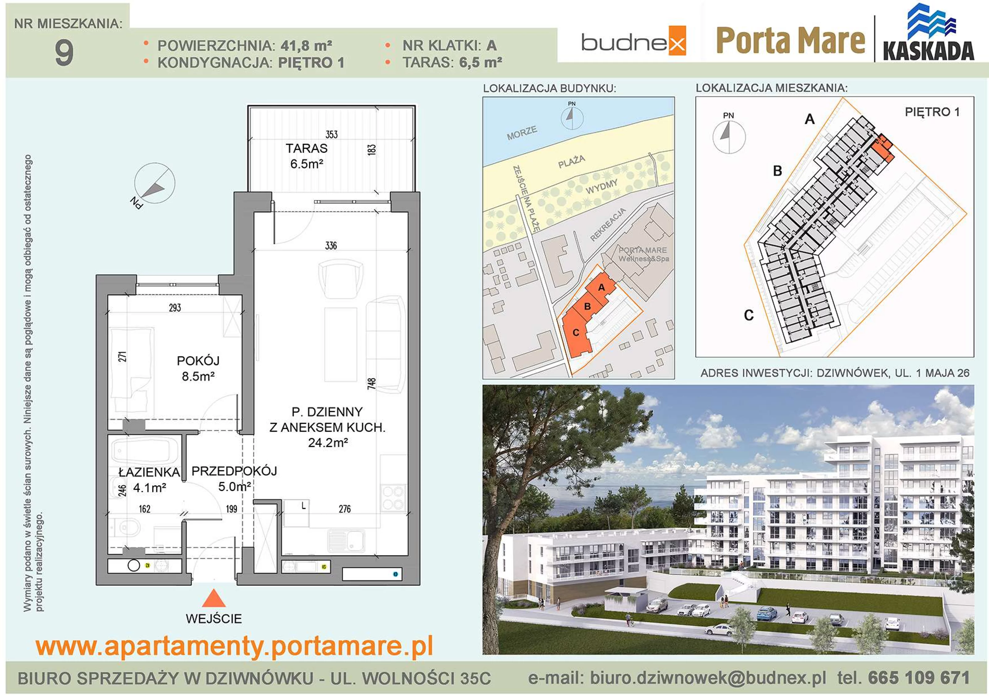 Apartament 41,80 m², piętro 1, oferta nr A/M09, Porta Mare Kaskada, Dziwnówek, ul. 1 Maja 26