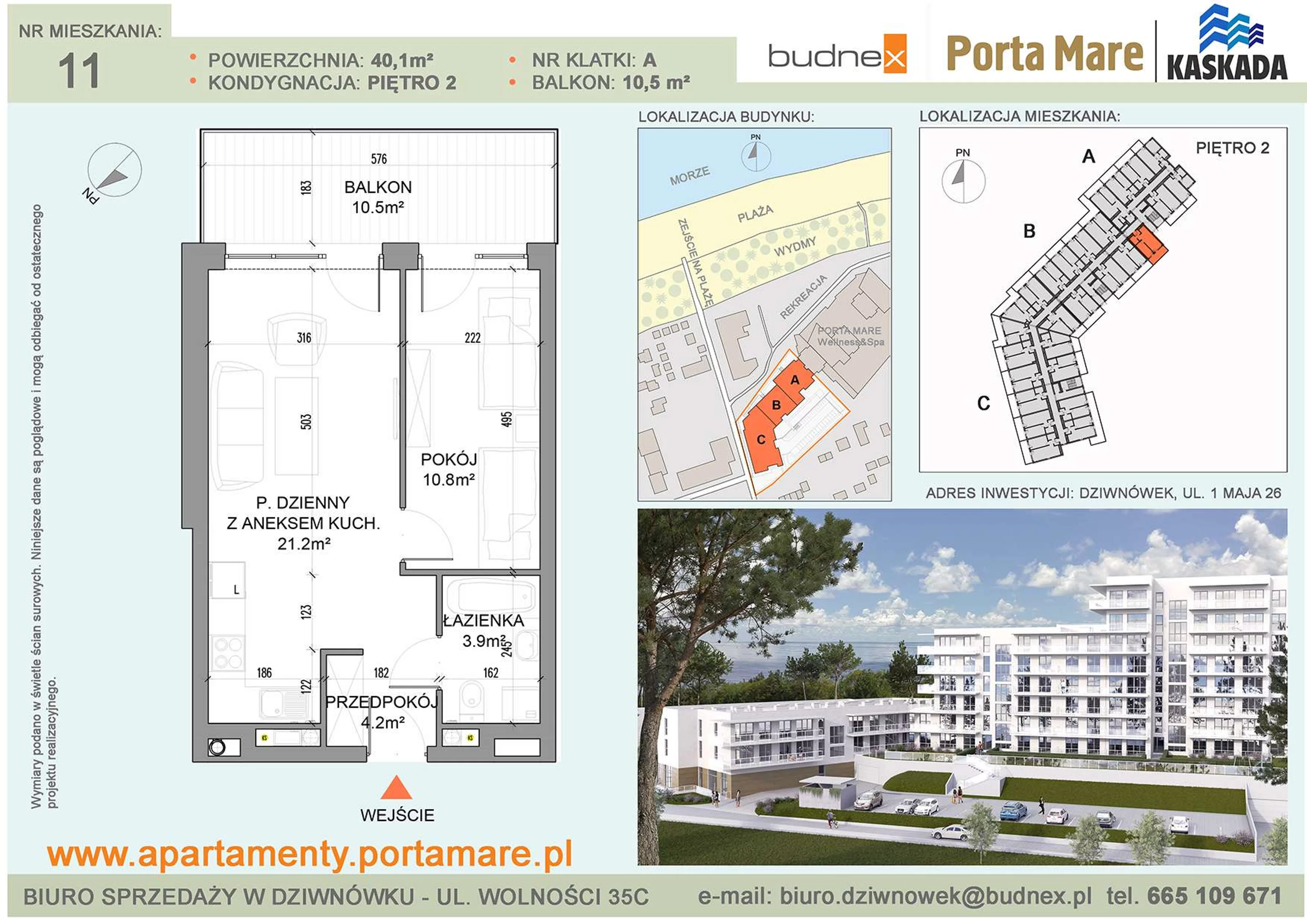 Mieszkanie 40,10 m², piętro 2, oferta nr A/M11, Porta Mare Kaskada, Dziwnówek, ul. 1 Maja 26