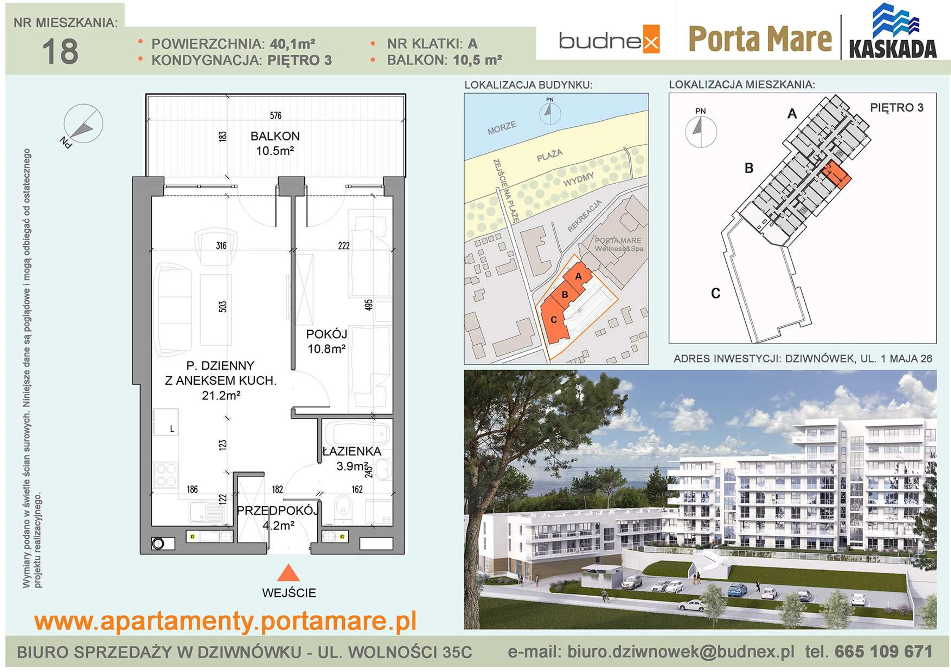 Apartament 40,10 m², piętro 3, oferta nr A/M18, Porta Mare Kaskada, Dziwnówek, ul. 1 Maja 26