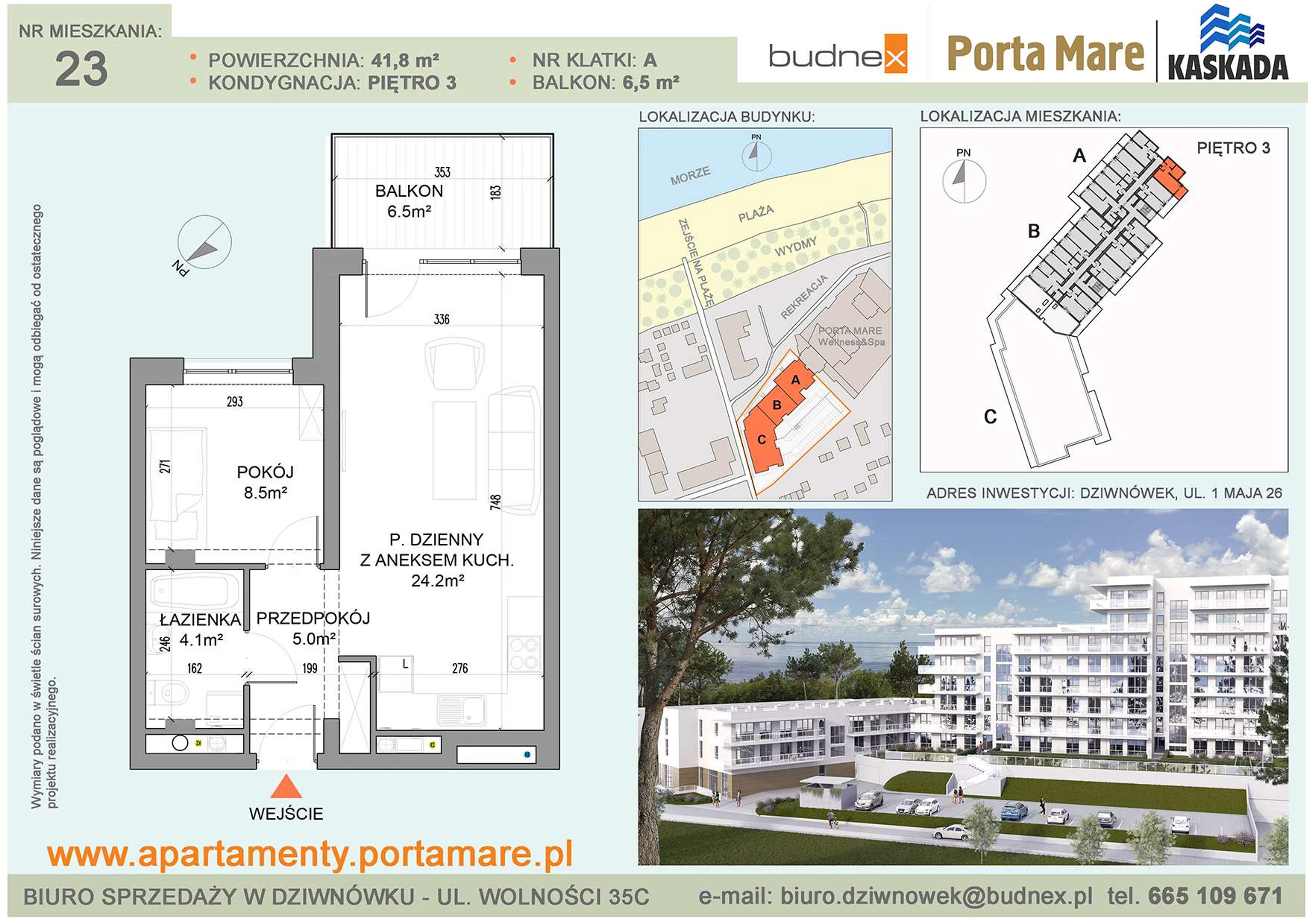 Apartament 41,80 m², piętro 3, oferta nr A/M23, Porta Mare Kaskada, Dziwnówek, ul. 1 Maja 26