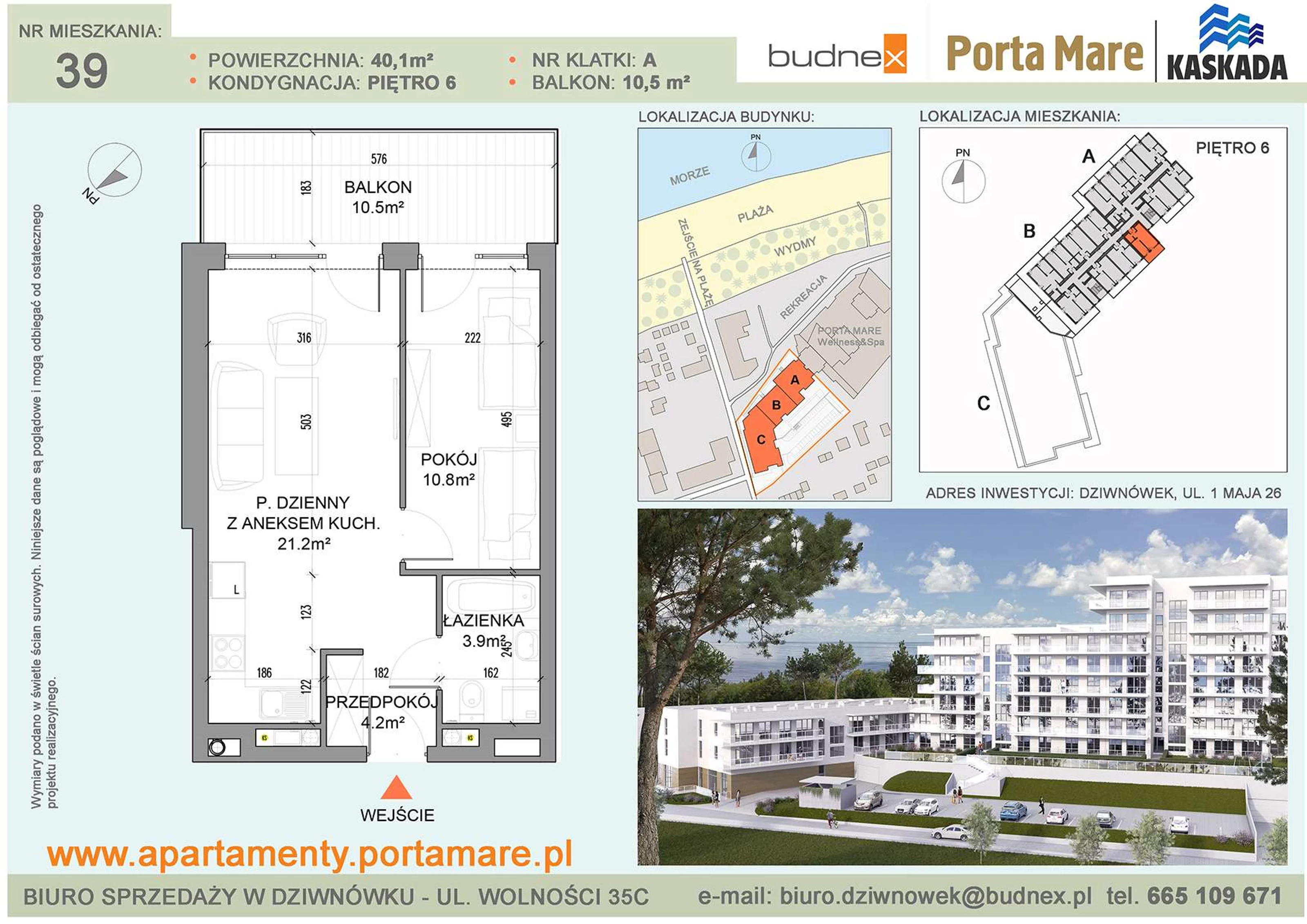 Mieszkanie 40,10 m², piętro 6, oferta nr A/M39, Porta Mare Kaskada, Dziwnówek, ul. 1 Maja 26