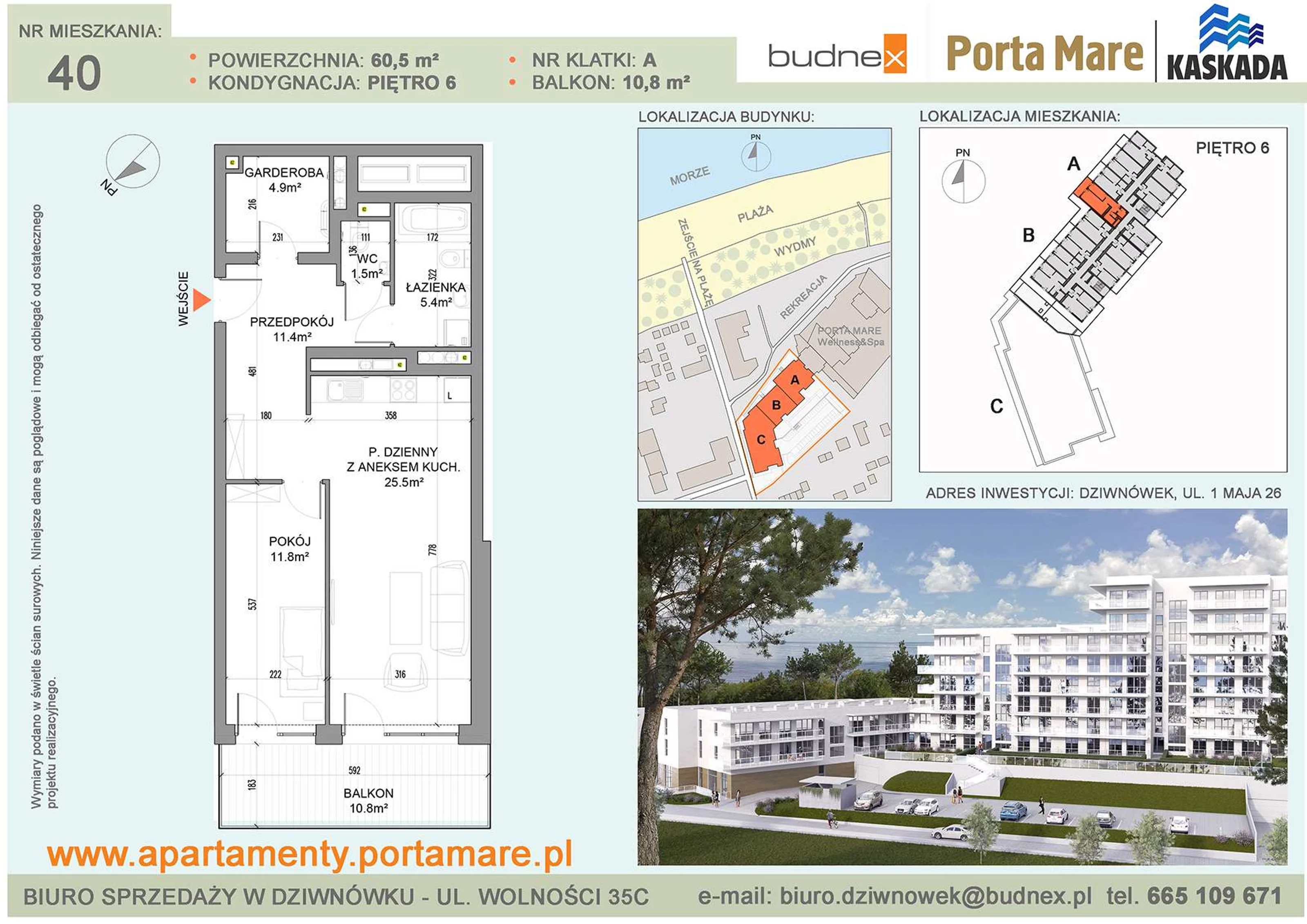2 pokoje, mieszkanie 60,50 m², piętro 6, oferta nr A/M40, Porta Mare Kaskada, Dziwnówek, ul. 1 Maja 26