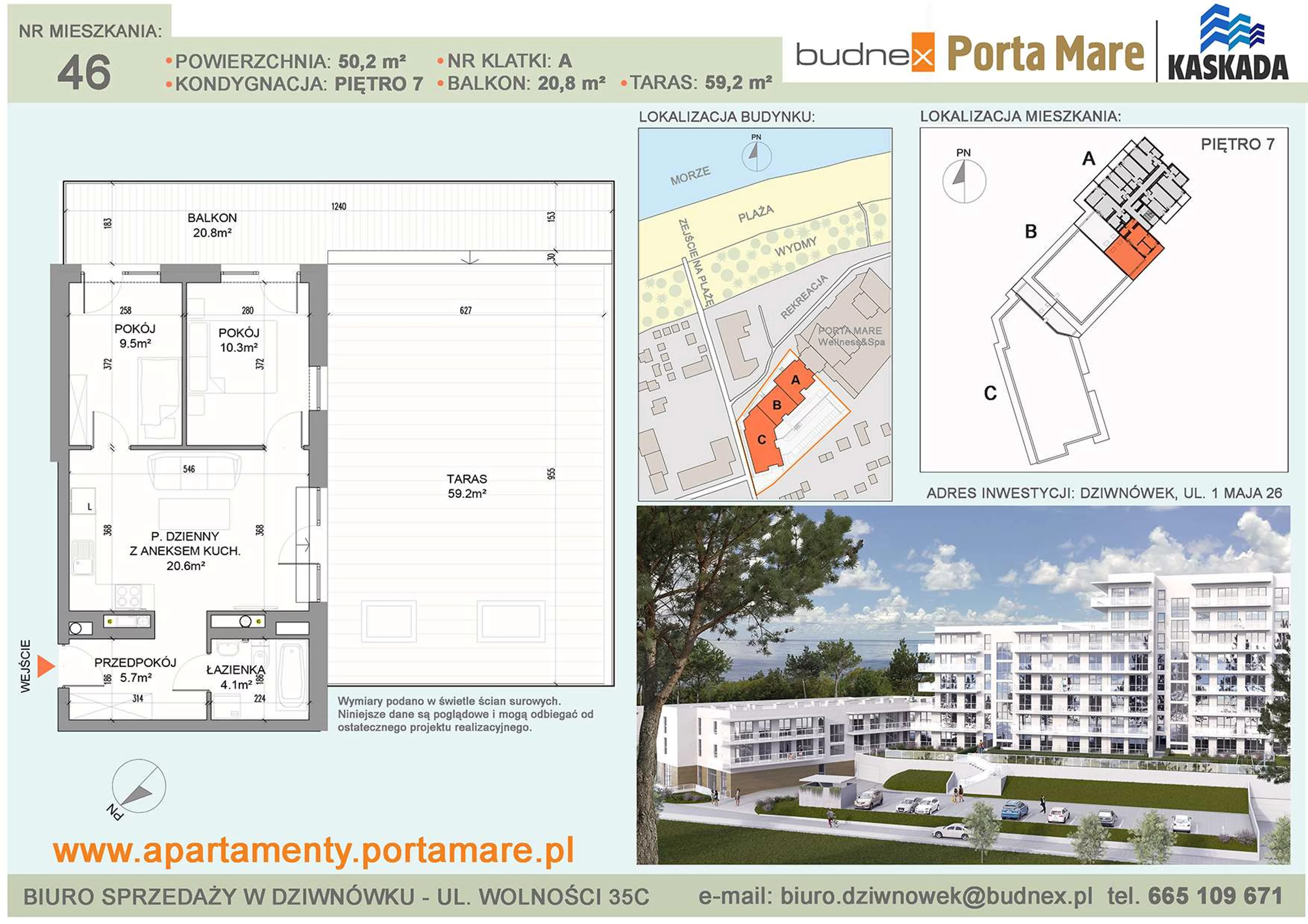 3 pokoje, mieszkanie 50,20 m², piętro 7, oferta nr A/M46, Porta Mare Kaskada, Dziwnówek, ul. 1 Maja 26