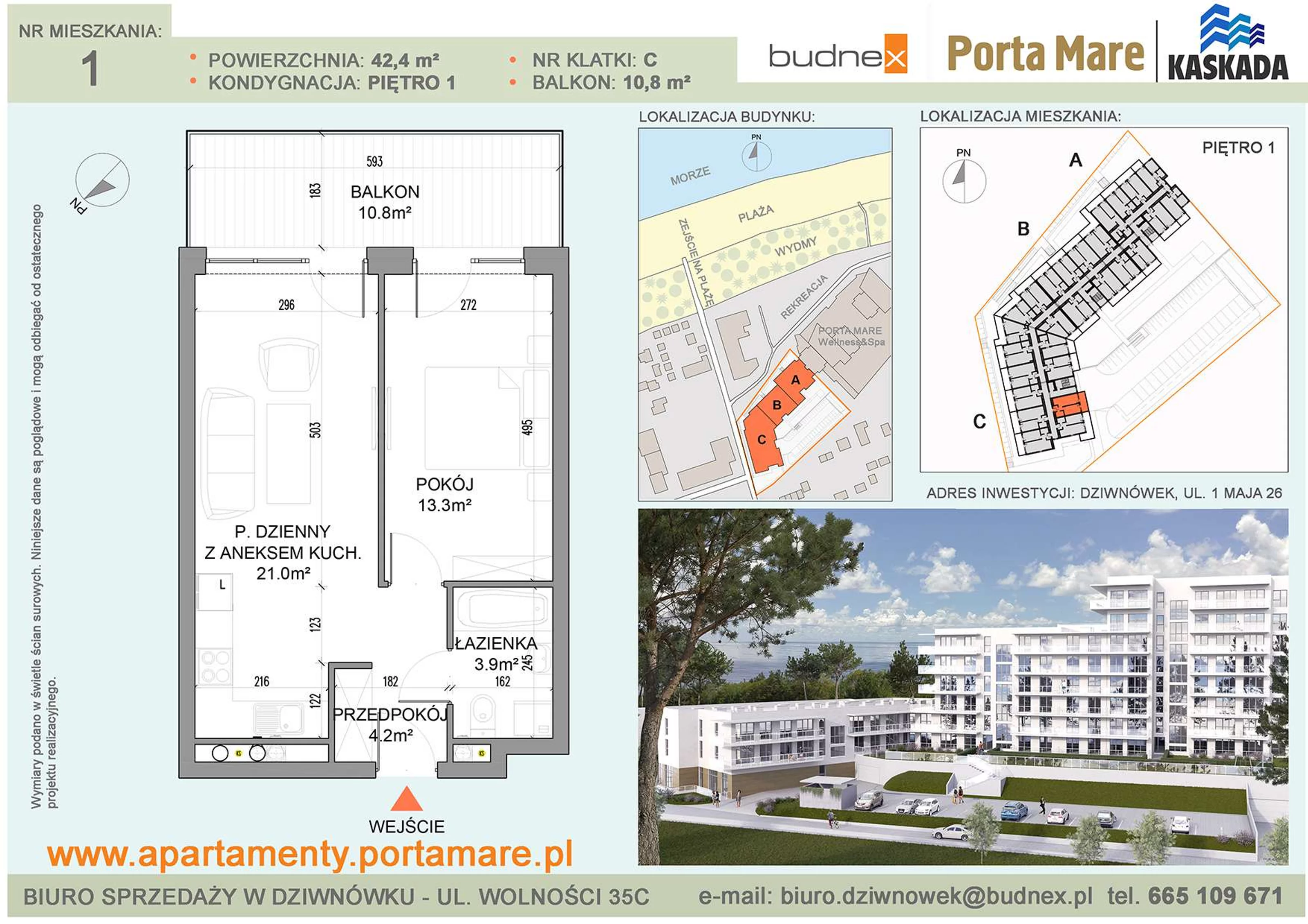 Mieszkanie 42,40 m², piętro 1, oferta nr C/M01, Porta Mare Kaskada, Dziwnówek, ul. 1 Maja 26