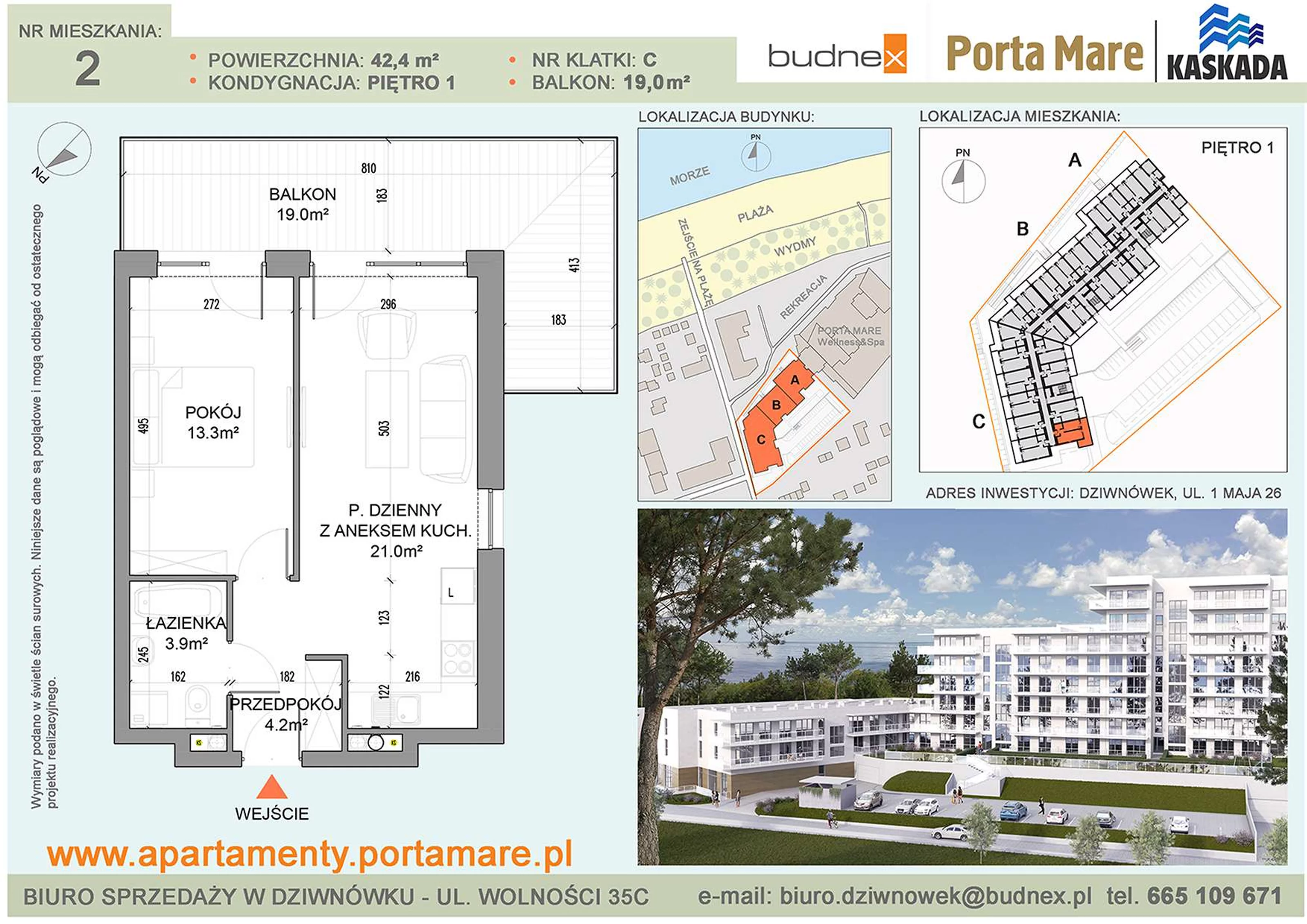 Mieszkanie 42,40 m², piętro 1, oferta nr C/M02, Porta Mare Kaskada, Dziwnówek, ul. 1 Maja 26