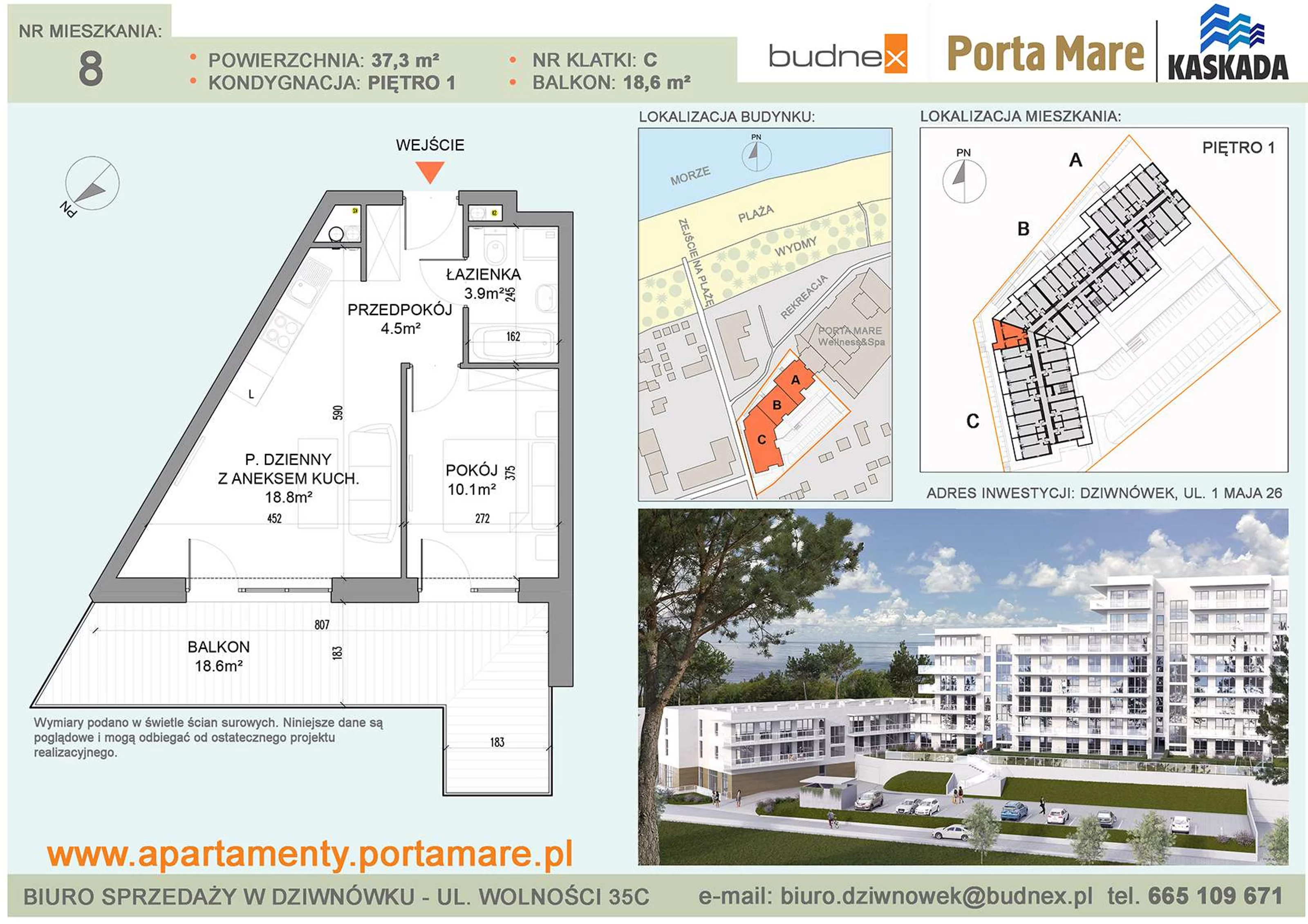 Apartament 37,30 m², piętro 1, oferta nr C/M08, Porta Mare Kaskada, Dziwnówek, ul. 1 Maja 26