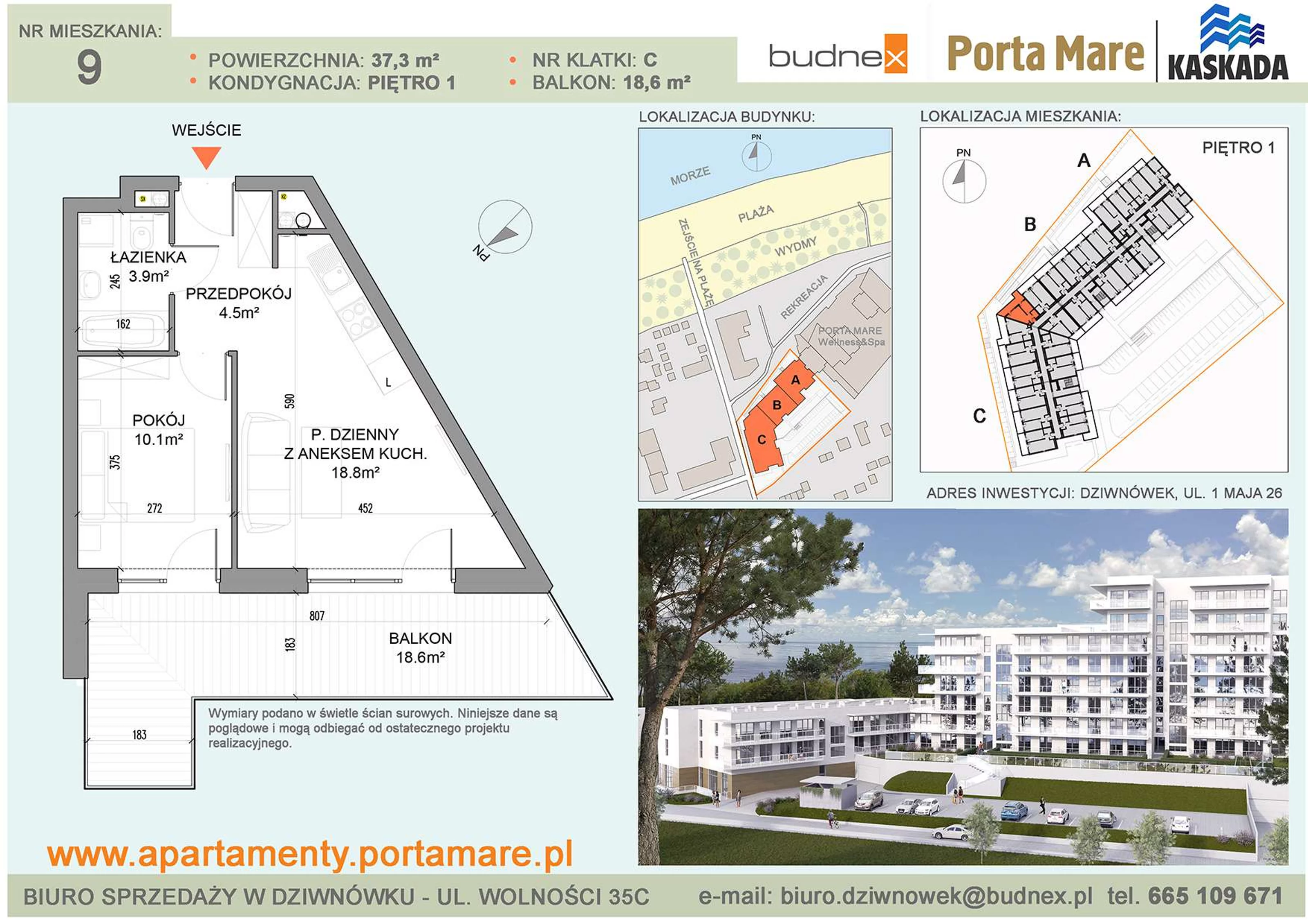 Apartament 37,30 m², piętro 1, oferta nr C/M09, Porta Mare Kaskada, Dziwnówek, ul. 1 Maja 26