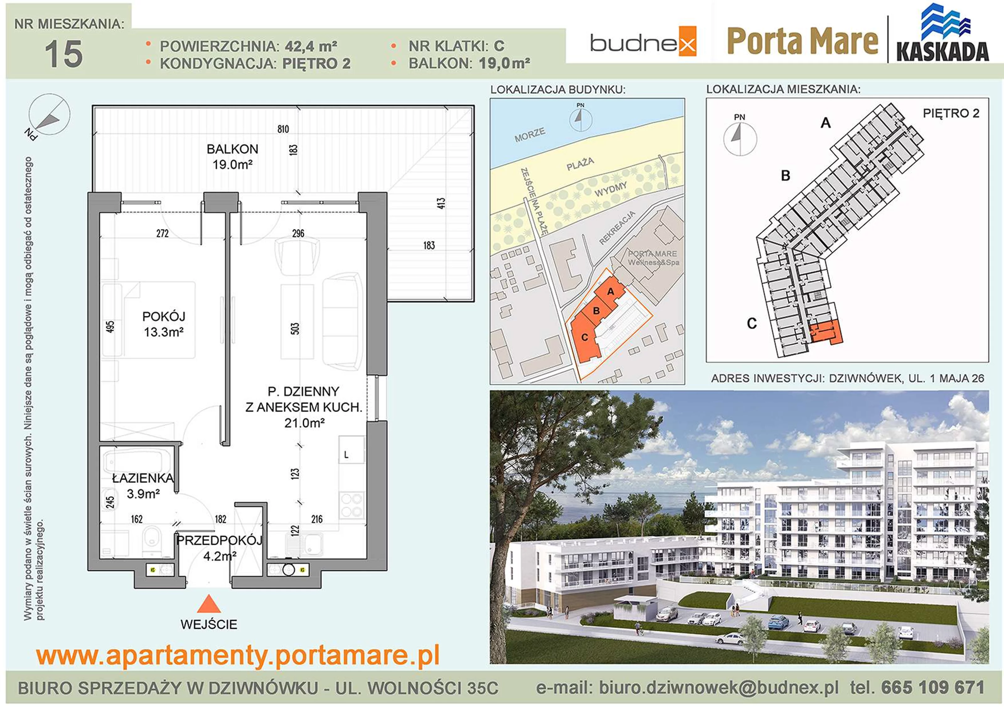 Mieszkanie 42,40 m², piętro 2, oferta nr C/M15, Porta Mare Kaskada, Dziwnówek, ul. 1 Maja 26