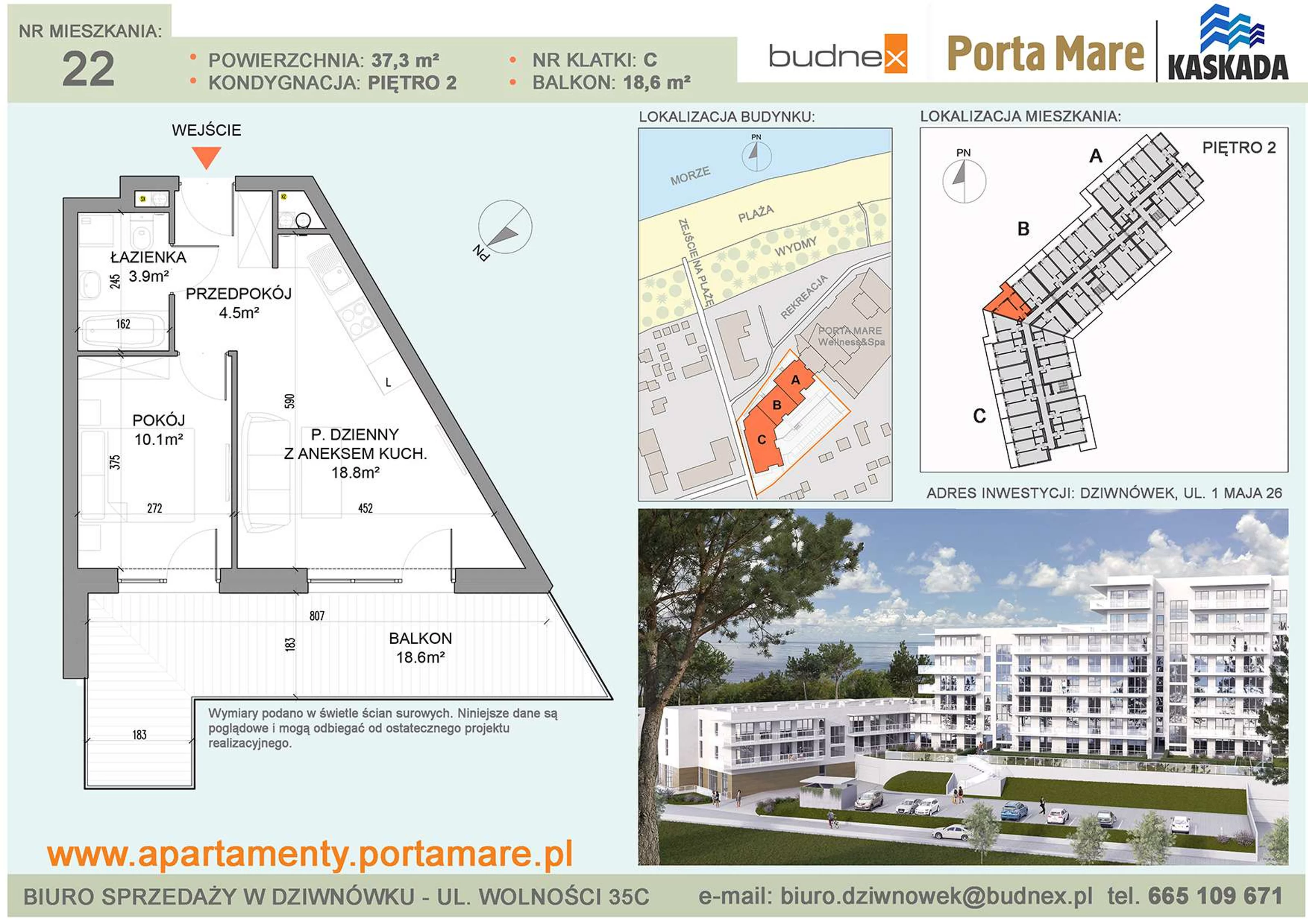 Apartament 37,30 m², piętro 2, oferta nr C/M22, Porta Mare Kaskada, Dziwnówek, ul. 1 Maja 26