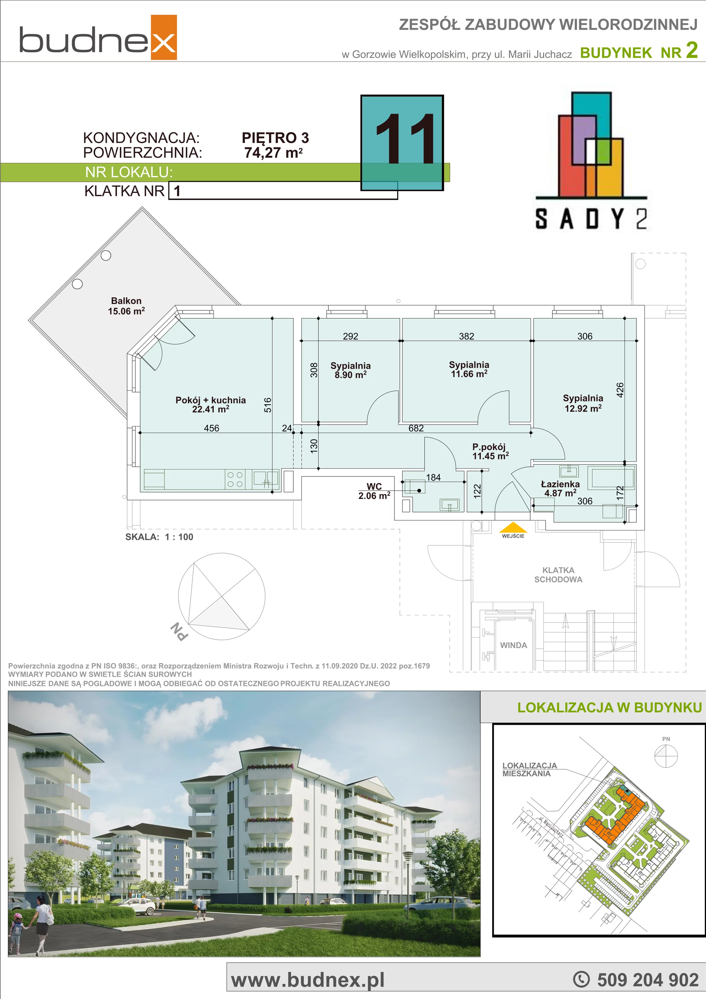 Mieszkanie 74,27 m², piętro 3, oferta nr 1_11, Sady II, Gorzów Wielkopolski, Górczyn, ul. Marii Juchacz