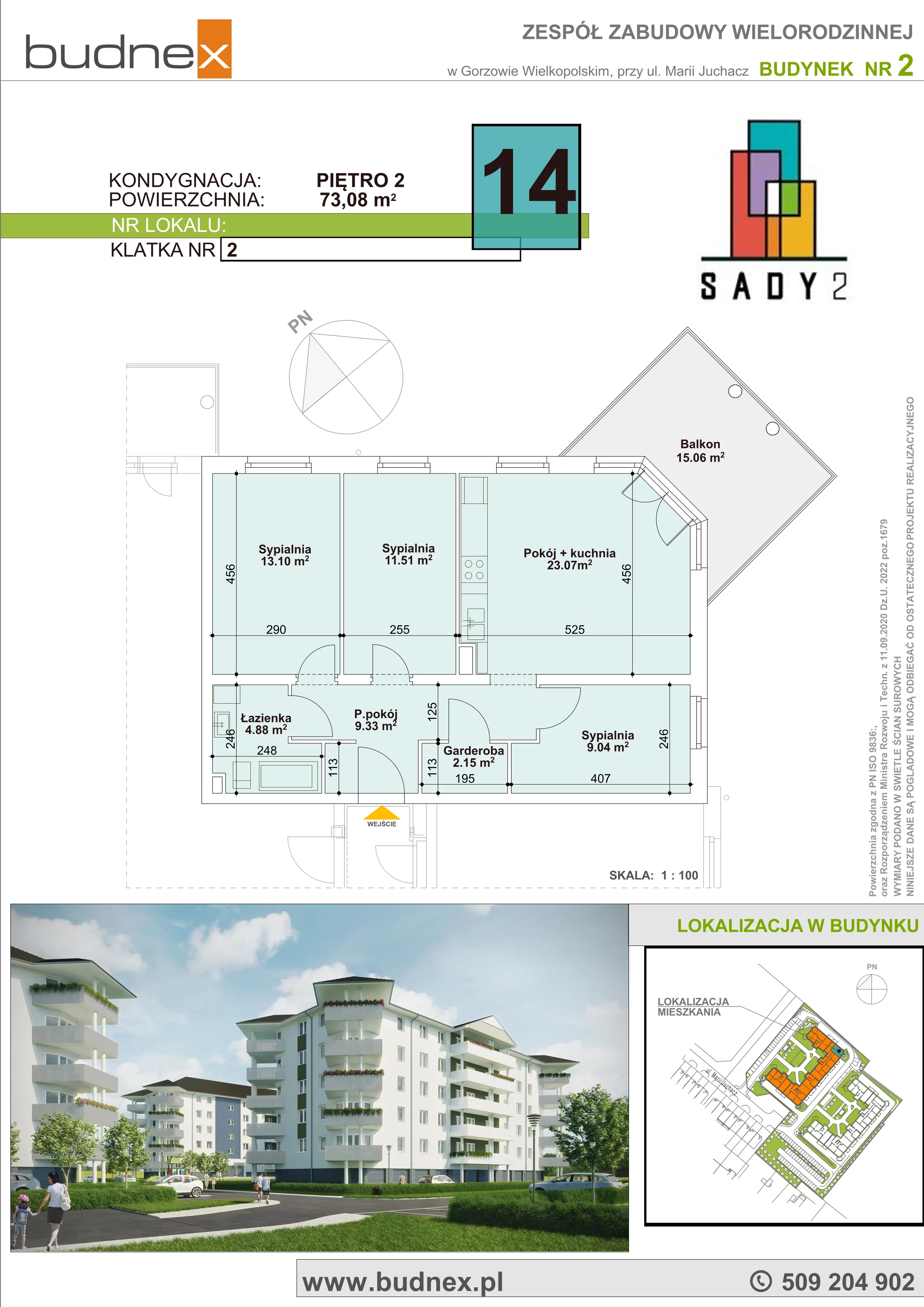 4 pokoje, mieszkanie 73,08 m², piętro 2, oferta nr 2_14, Sady II, Gorzów Wielkopolski, Górczyn, ul. Marii Juchacz