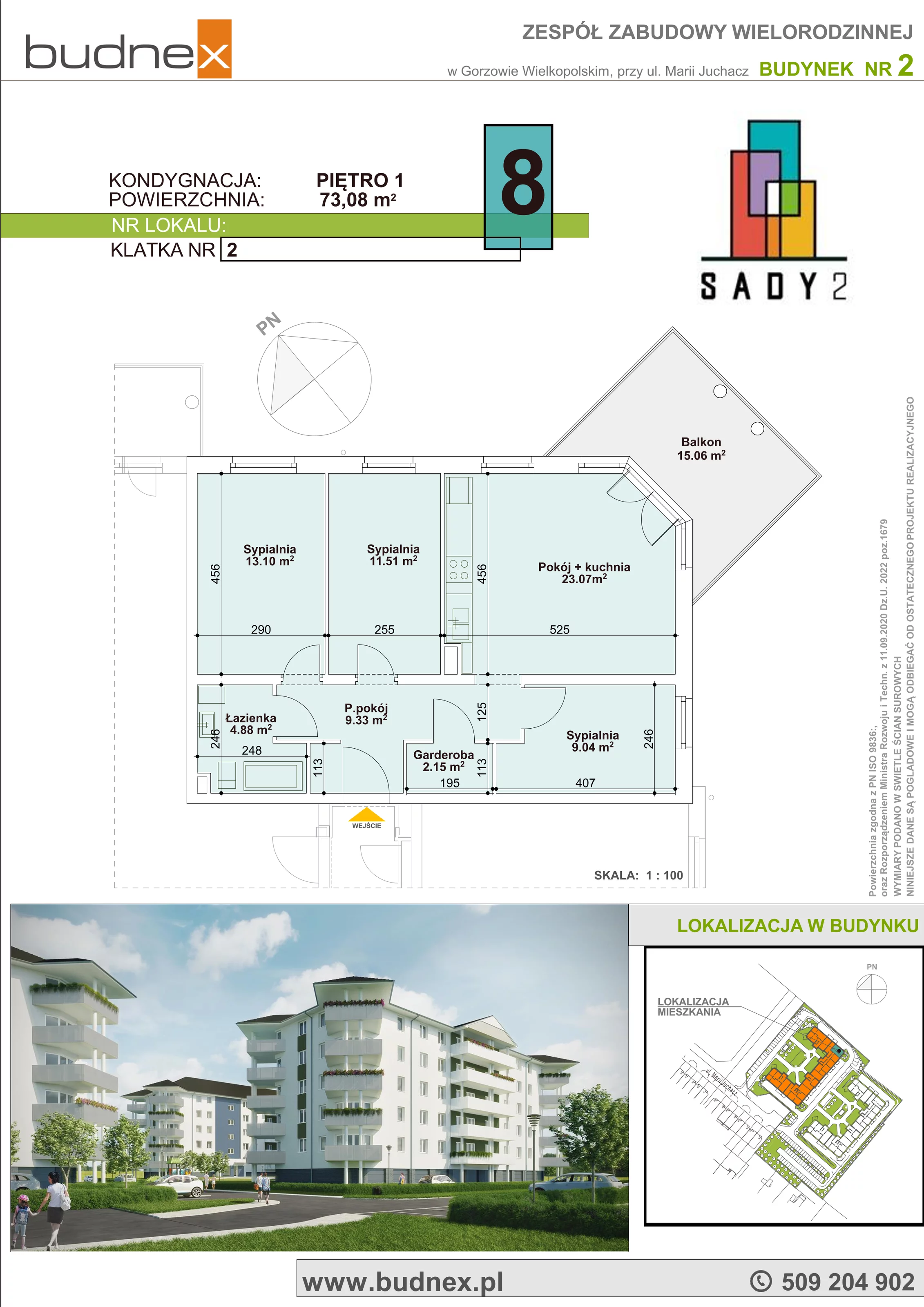 Mieszkanie 73,08 m², piętro 1, oferta nr 2_8, Sady II, Gorzów Wielkopolski, Górczyn, ul. Marii Juchacz