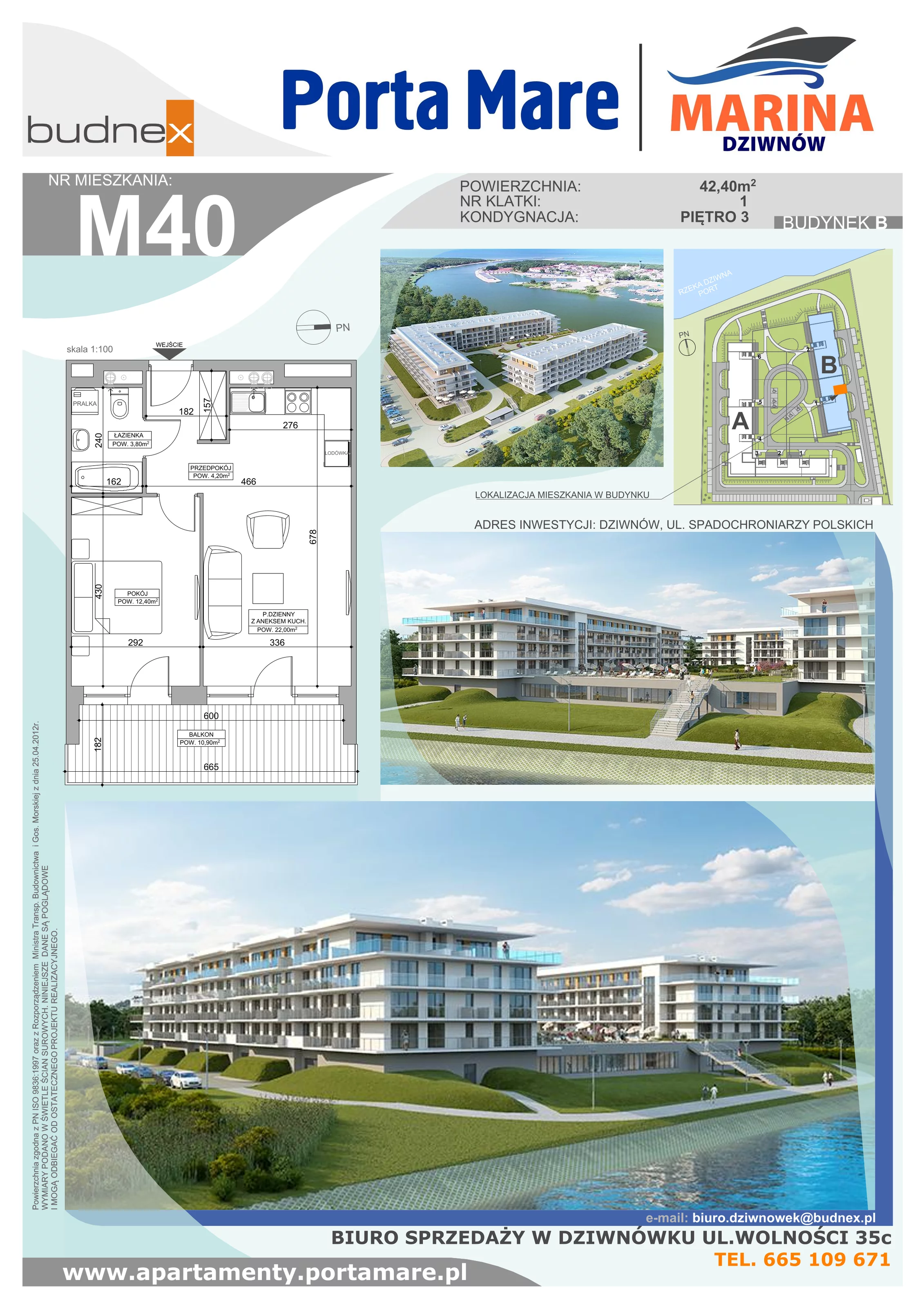 Apartament 42,40 m², piętro 3, oferta nr B.1.M40, Porta Mare MARINA Dziwnów, Dziwnów, ul. Spadochroniarzy Polskich 10