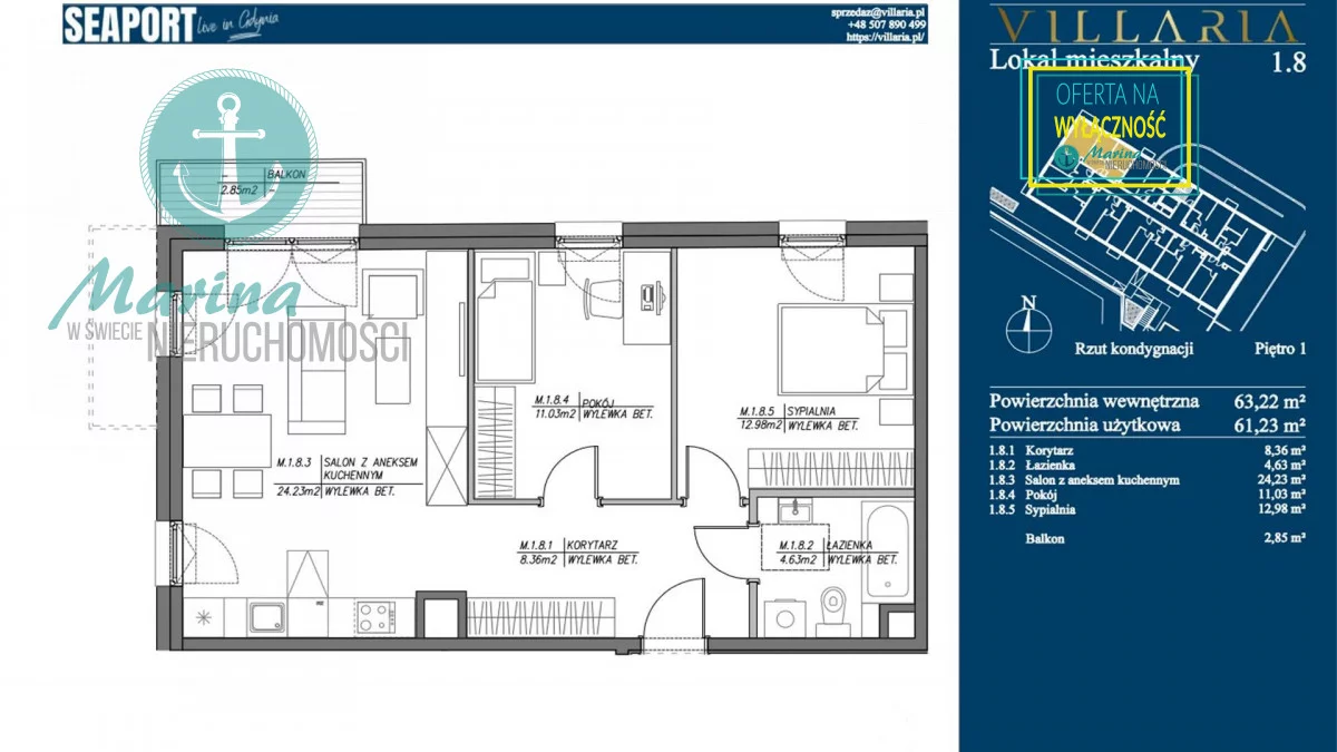 3 pokoje, mieszkanie 63,00 m², piętro 1, oferta nr , EC934753925, Gdynia, Grabówek, Grabówek, Hugo Kołłątaja