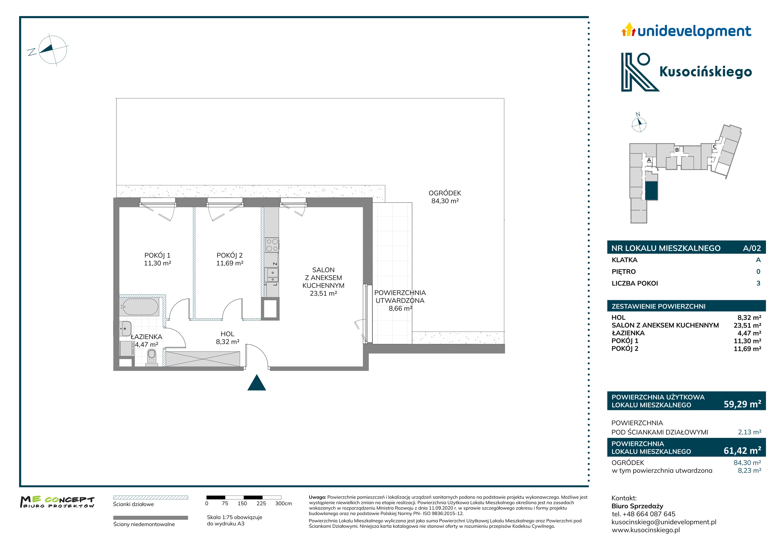 3 pokoje, mieszkanie 61,42 m², parter, oferta nr A/02, Kusocińskiego budynek A, Gdańsk, Piecki-Migowo, Morena, ul. Kusocińskiego