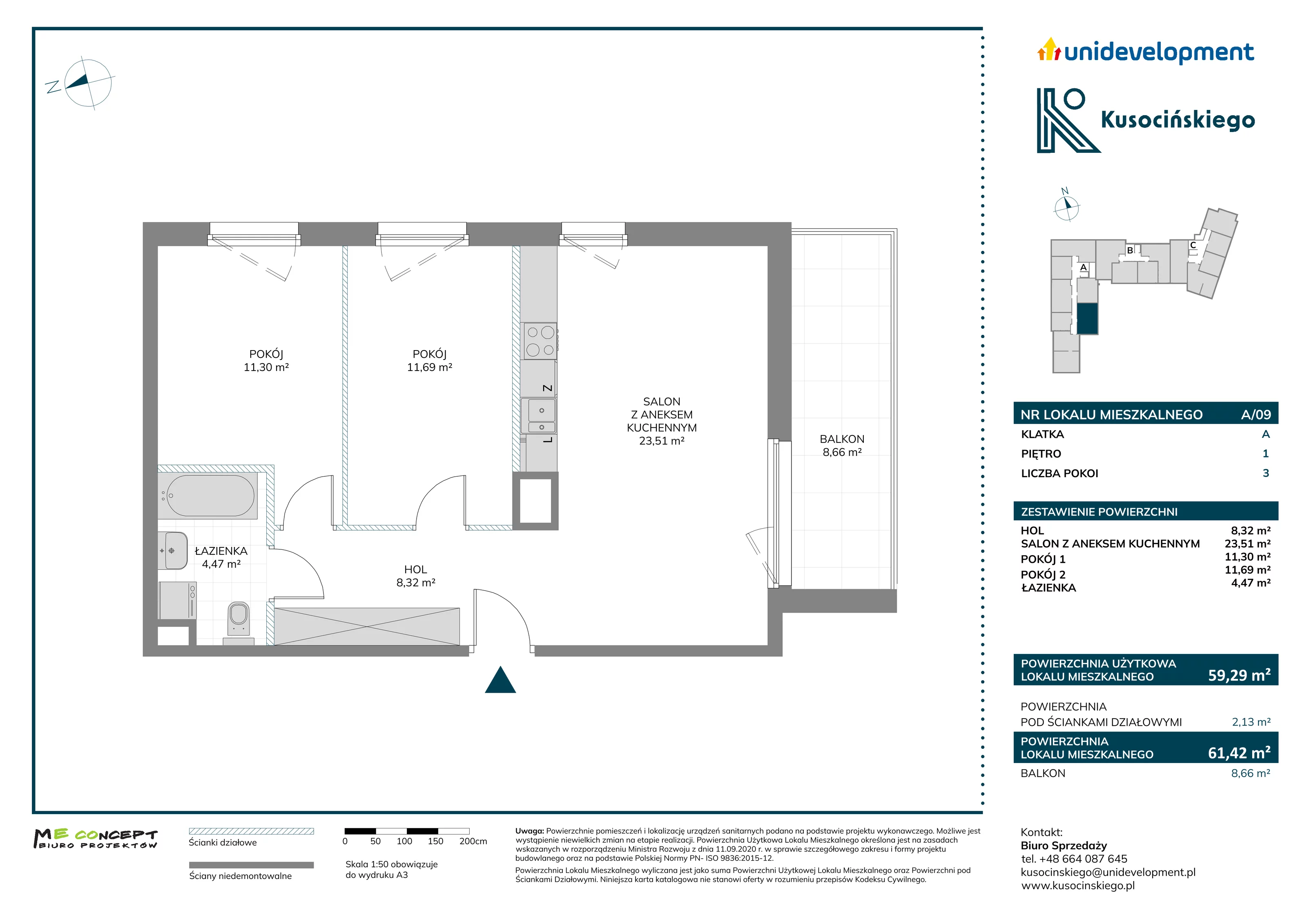 3 pokoje, mieszkanie 61,42 m², piętro 1, oferta nr A/09, Kusocińskiego budynek A, Gdańsk, Piecki-Migowo, Morena, ul. Kusocińskiego