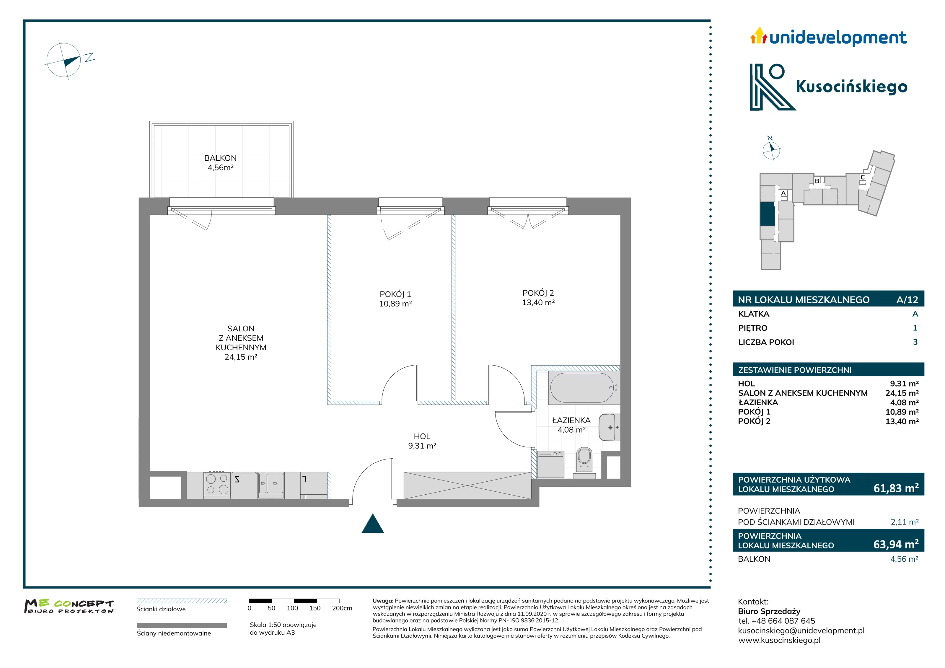 3 pokoje, mieszkanie 63,94 m², piętro 1, oferta nr A/12, Kusocińskiego budynek A, Gdańsk, Piecki-Migowo, Morena, ul. Kusocińskiego