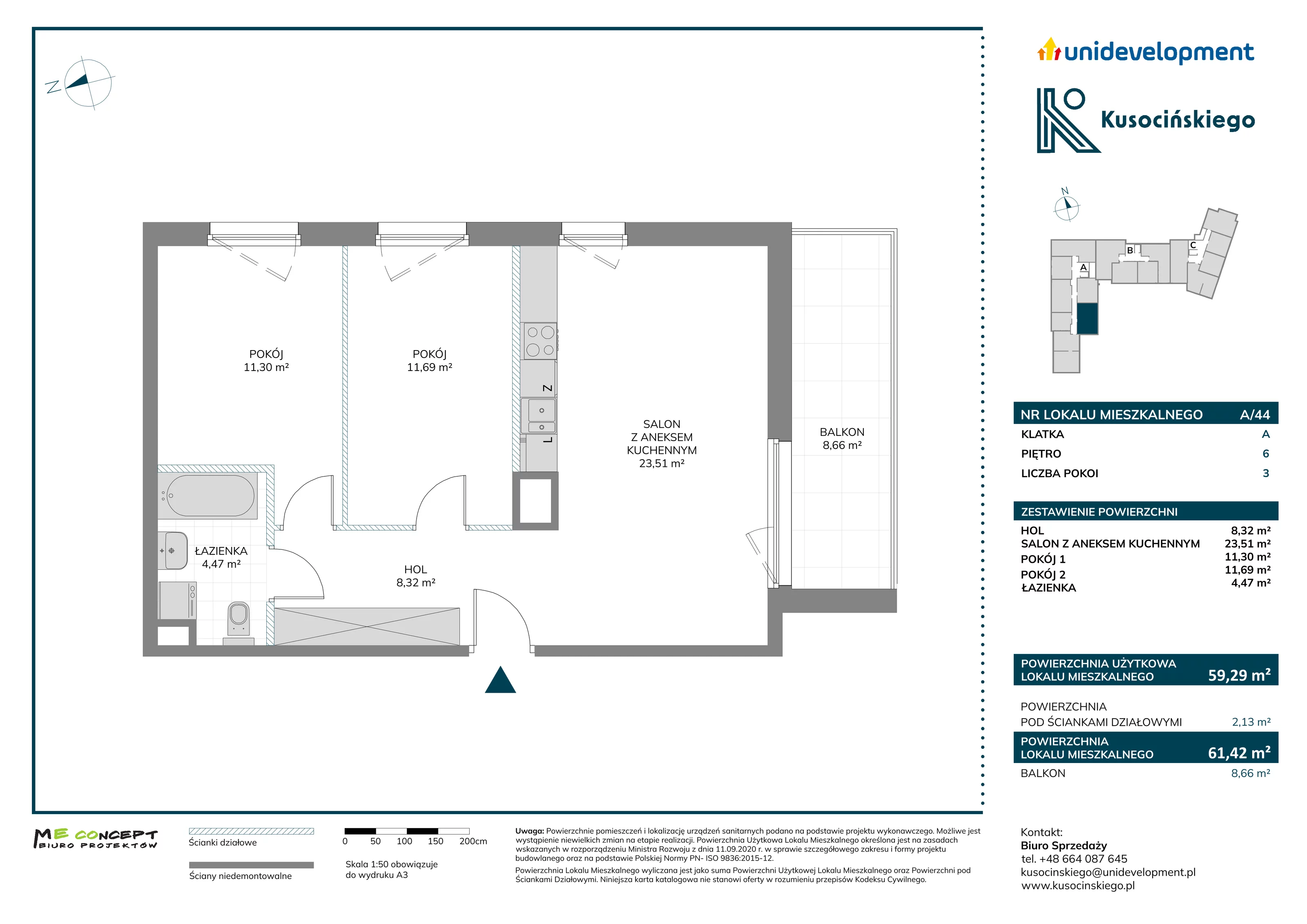 3 pokoje, mieszkanie 61,42 m², piętro 6, oferta nr A/44, Kusocińskiego budynek A, Gdańsk, Piecki-Migowo, Morena, ul. Kusocińskiego