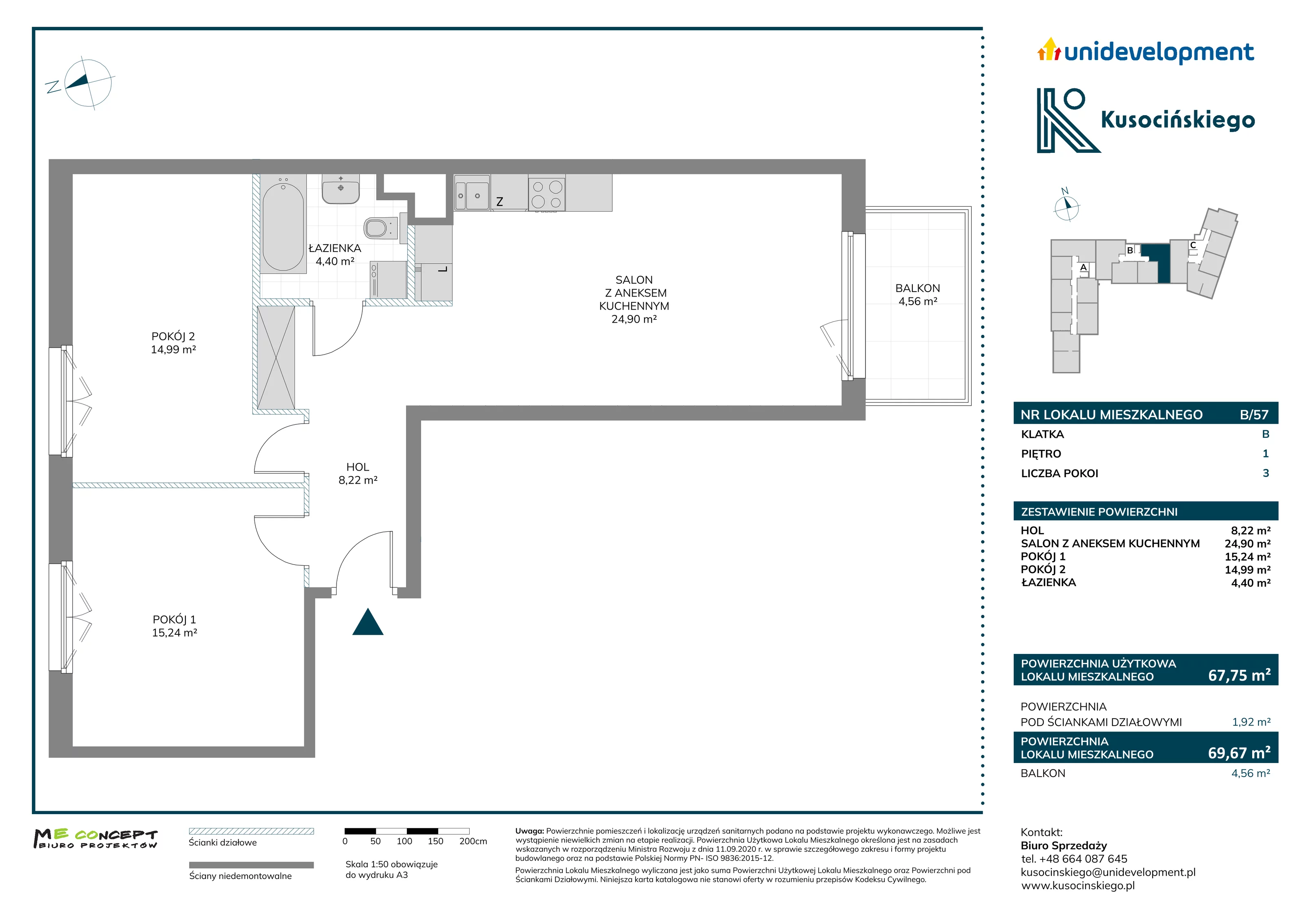 3 pokoje, mieszkanie 69,67 m², piętro 1, oferta nr B/57, Kusocińskiego budynek A, Gdańsk, Piecki-Migowo, Morena, ul. Kusocińskiego