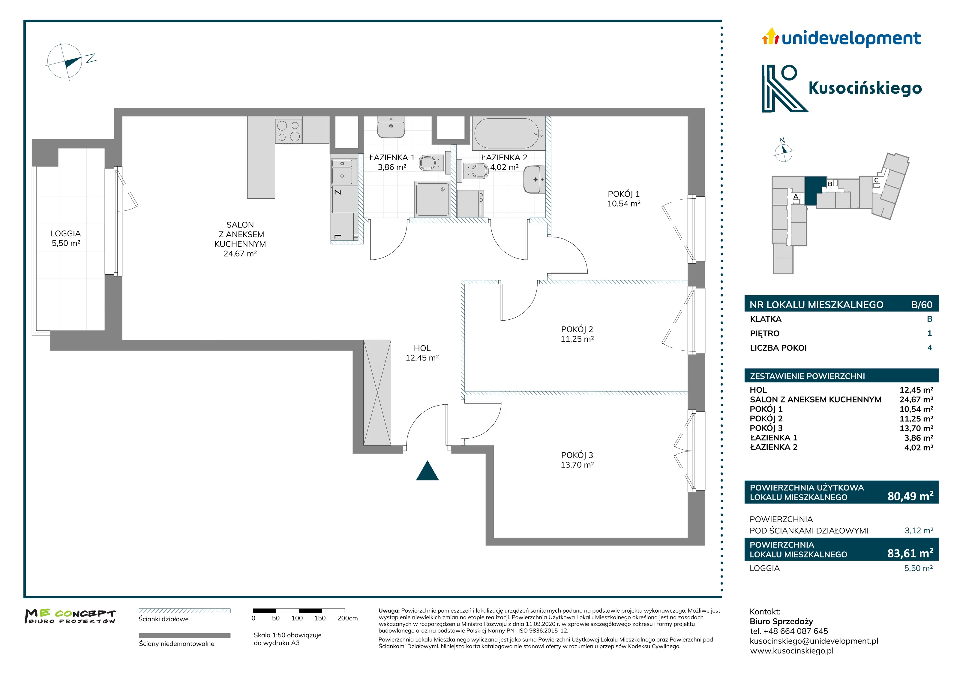 4 pokoje, mieszkanie 83,61 m², piętro 1, oferta nr B/60, Kusocińskiego budynek A, Gdańsk, Piecki-Migowo, Morena, ul. Kusocińskiego